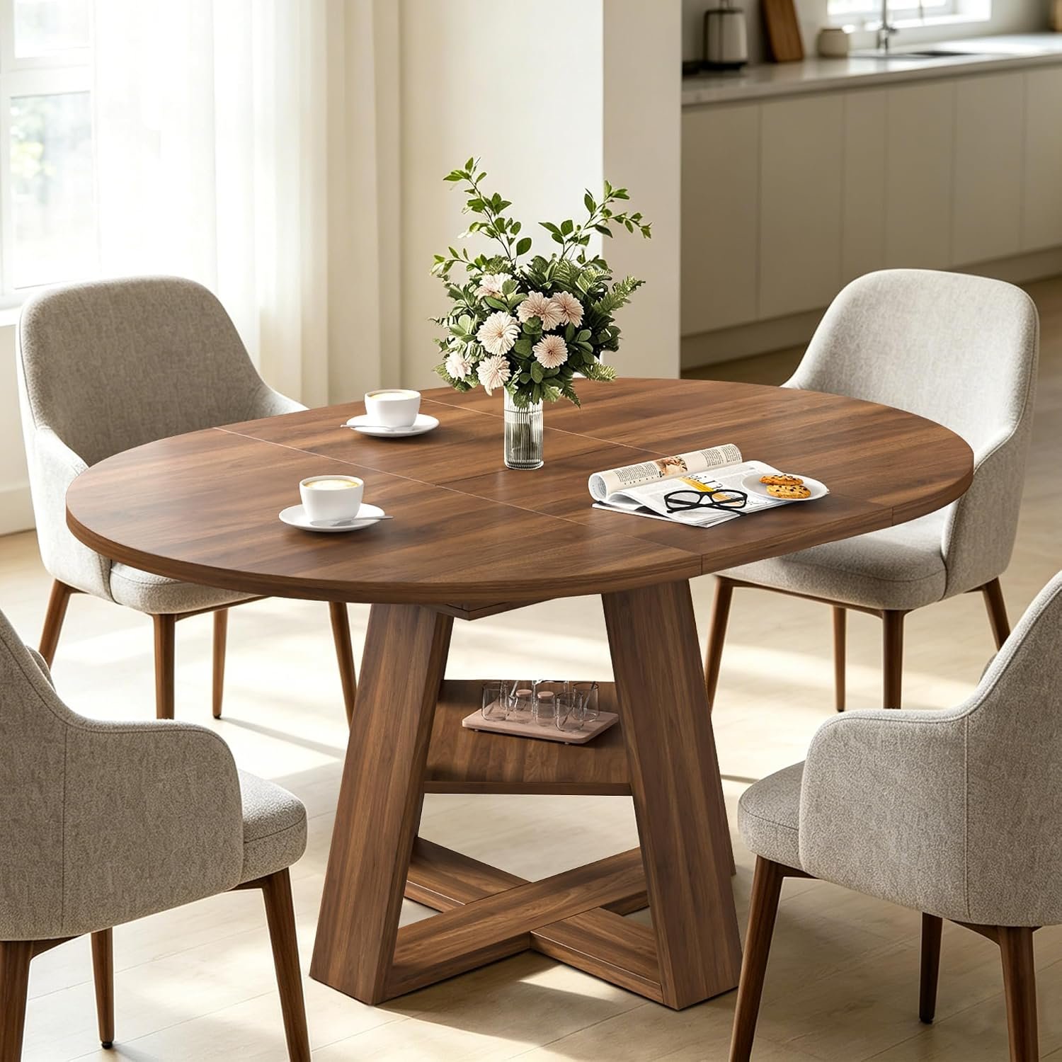 43.3″-59″ Extendable Round Oval Dining Table for 4-8 with Storage Shelf | Modern Kitchen Oval Dining Table with Removable Leaves,Space Saving Extendable Table Wood Base for Kitchen Living Room Walnut
