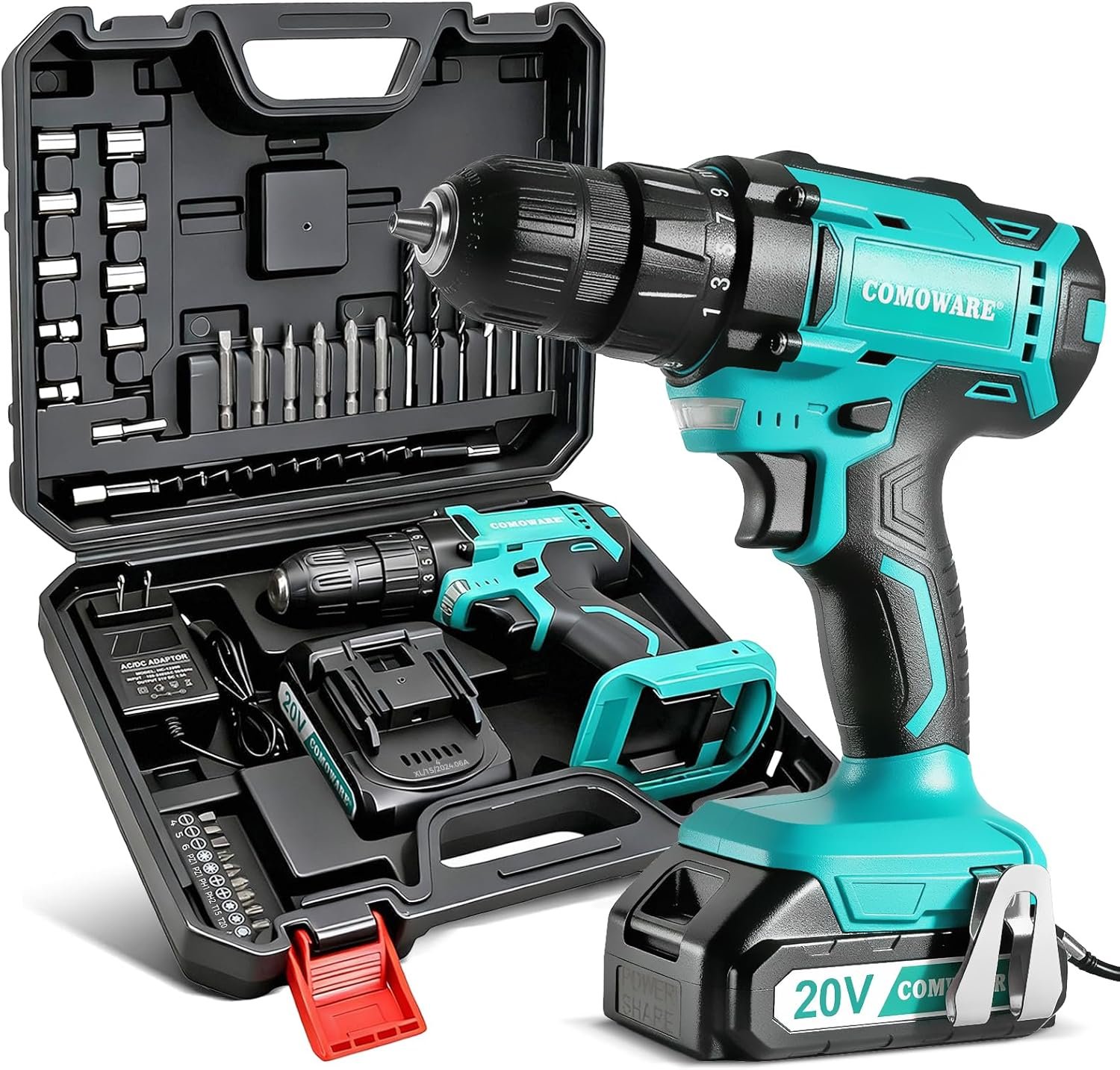 COMOWARE Cordless Drill, Electric Power Drill & Bits Set w/Charger& Battery | with 1 Battery & Charger, 3/8″ Keyless Chuck, 2 Variable Speed, 266 In-lb Torque, 25+1 Position and 34pcs Power/Driver Bits