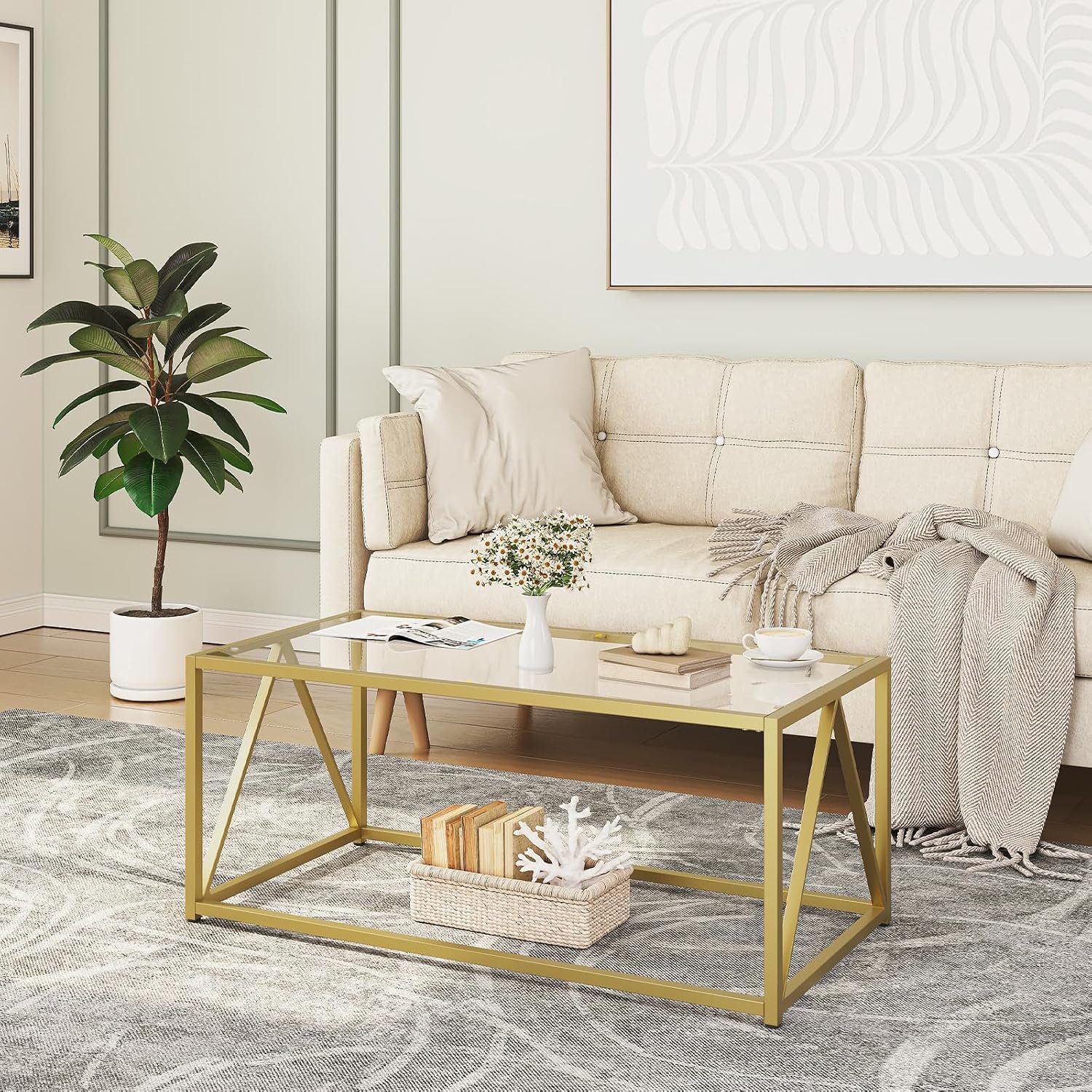 HOOBRO Glass Coffee Table, Gold Coffee Tables for Living Room, Gold Glass Coffee Table,1 Layer Center Table, Modern, for Apartment, Office, 39.4 x 19.7 x 17.7 Inches, Easy Assembly, Golden GD04KF01