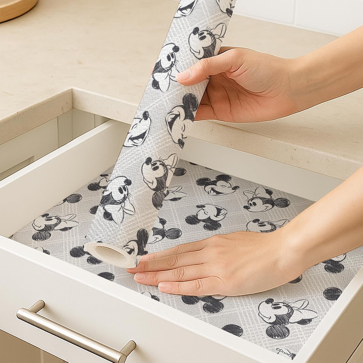 Disney Mickey & Minnie Non-Adhesive Shelf Liner, 18″ x10′, Non-Slip | Water and stain resistant, repositions without damage, cuts to fit, wipes clean, ideal for kitchen, pantry, fridge, or bath