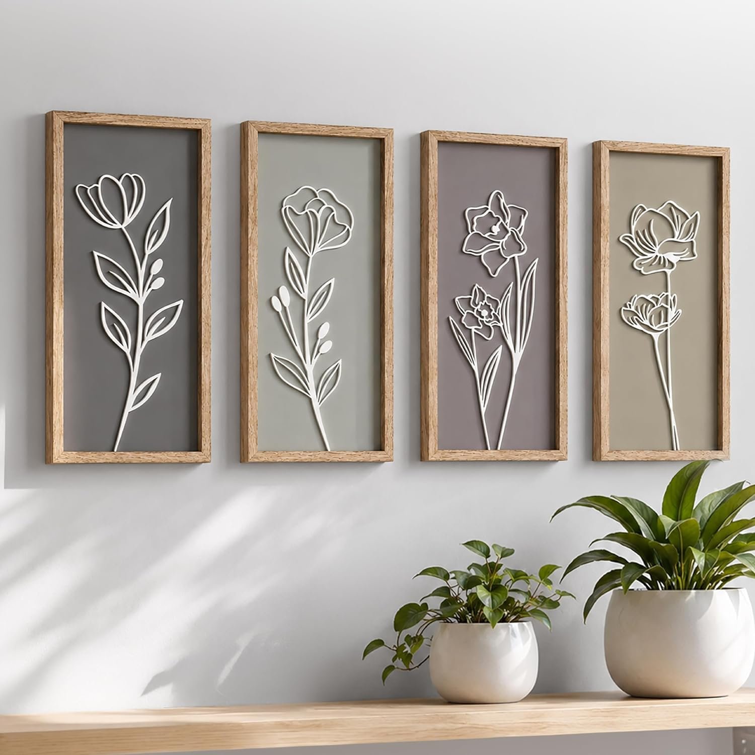 Tide and Tales 3d Framed Wall Art, Set of 4, Floral Boho Wall Decor | 7″ x 16″, Lightweight, Wooden, Ready-to-Hang Wall Decor for Living Room, Bathroom, Bedroom or Office, Botanical Farmhouse