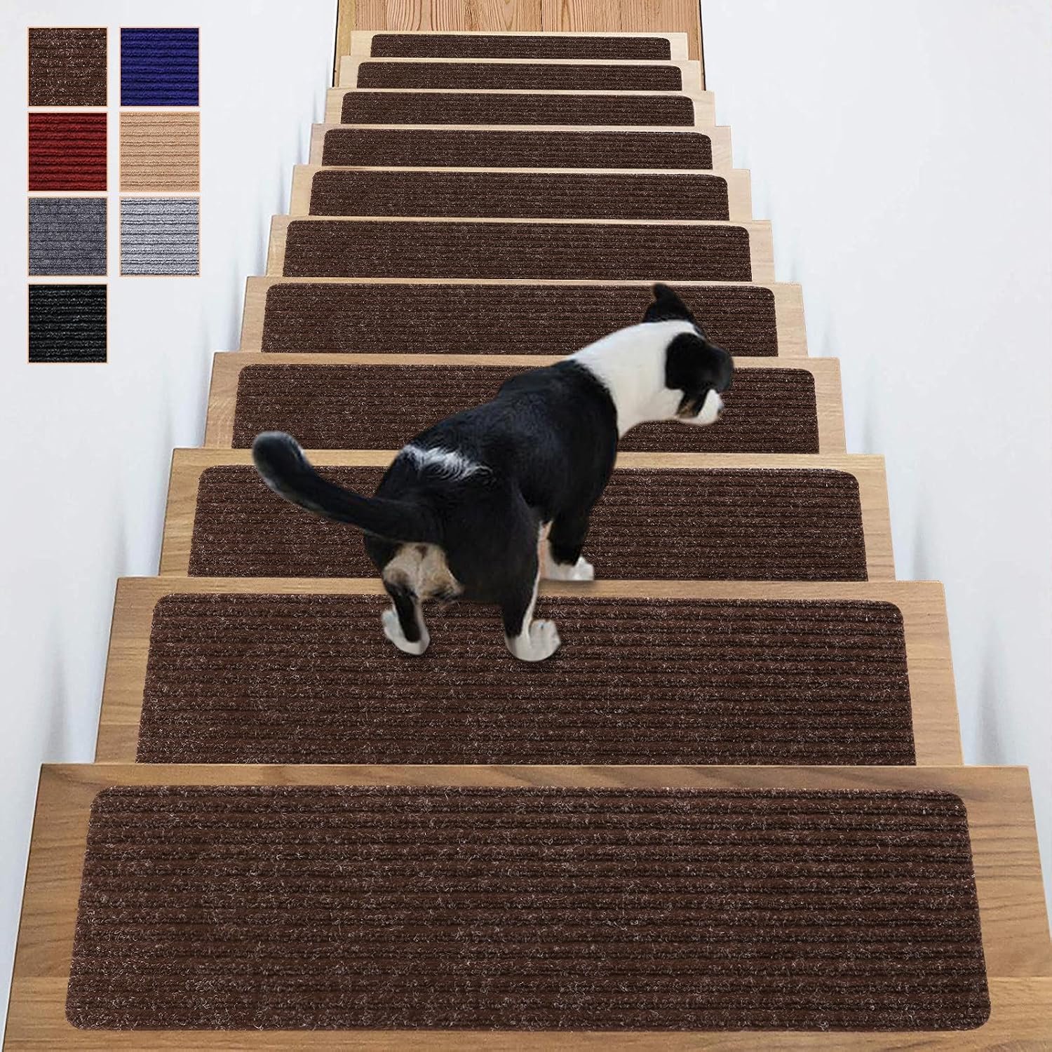 Stair Treads Non-Slip 16 Pack 8″x30″ – Carpet Stair Runner for Indoor Wooden Steps with TPE Backing & Anti-Skid Surface, Reusable Adhesive Safety Rug for Kids/Elder/Pet-Friendly – Brown