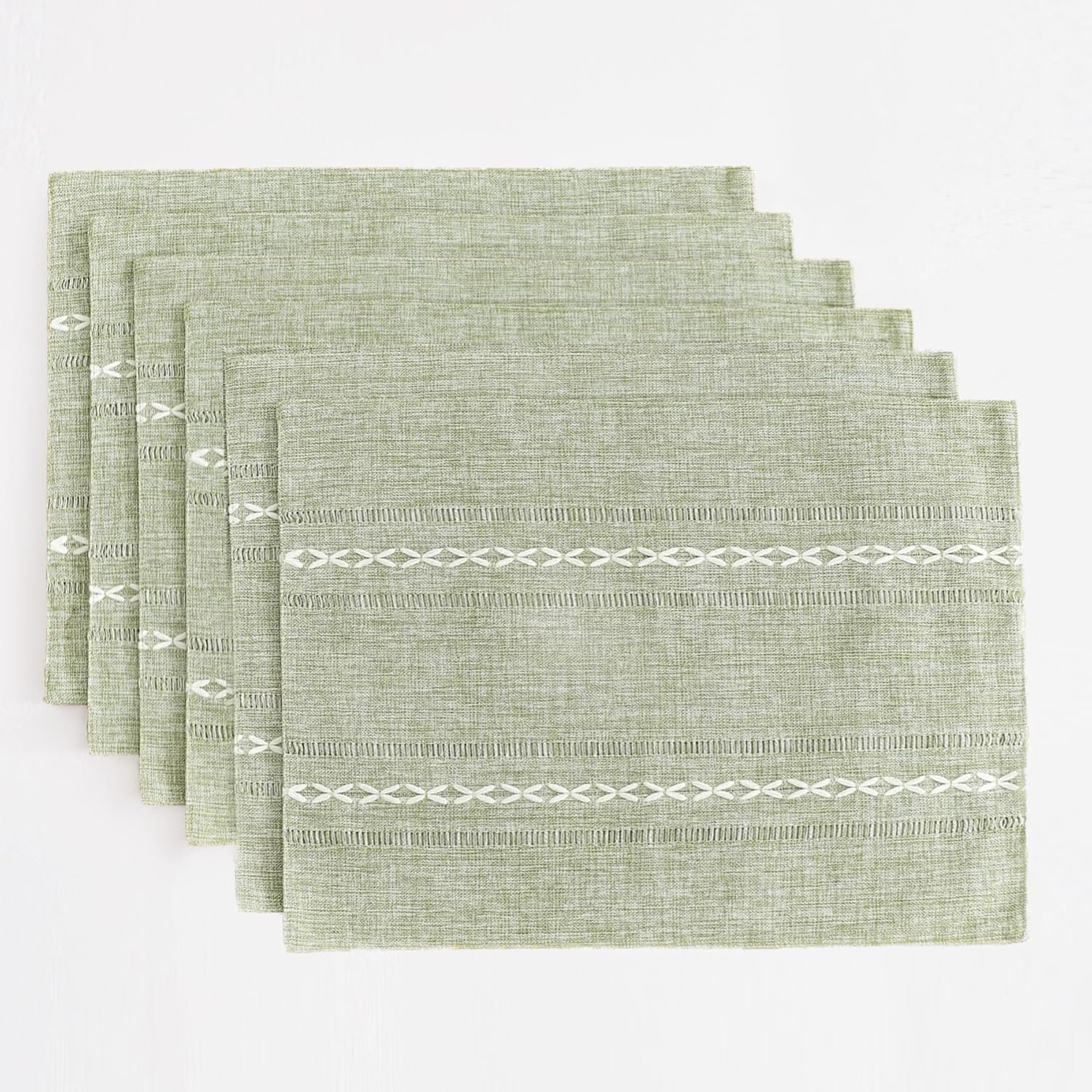 Wracra Cotton Linen Place Mats, Sage Green Embroidered Placemats Set of 6 | Placemats 12 x 18 Inch; Cotton Linen Woven Fabric; Heat Resistant Table Mats; Raised Embroidered Hollow Design