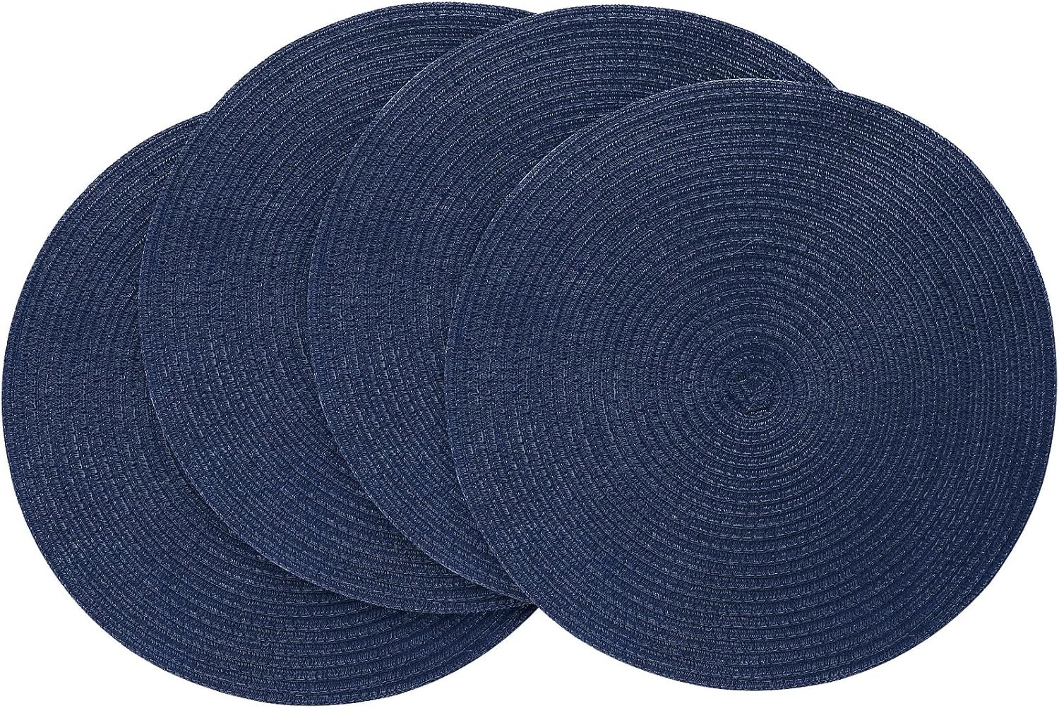15 Inch Round Braided Placemats Set of 4, Washable Heat Resistant Cotton Polyester Circle Place Mats for Kitchen Dining Table – Navy Blue