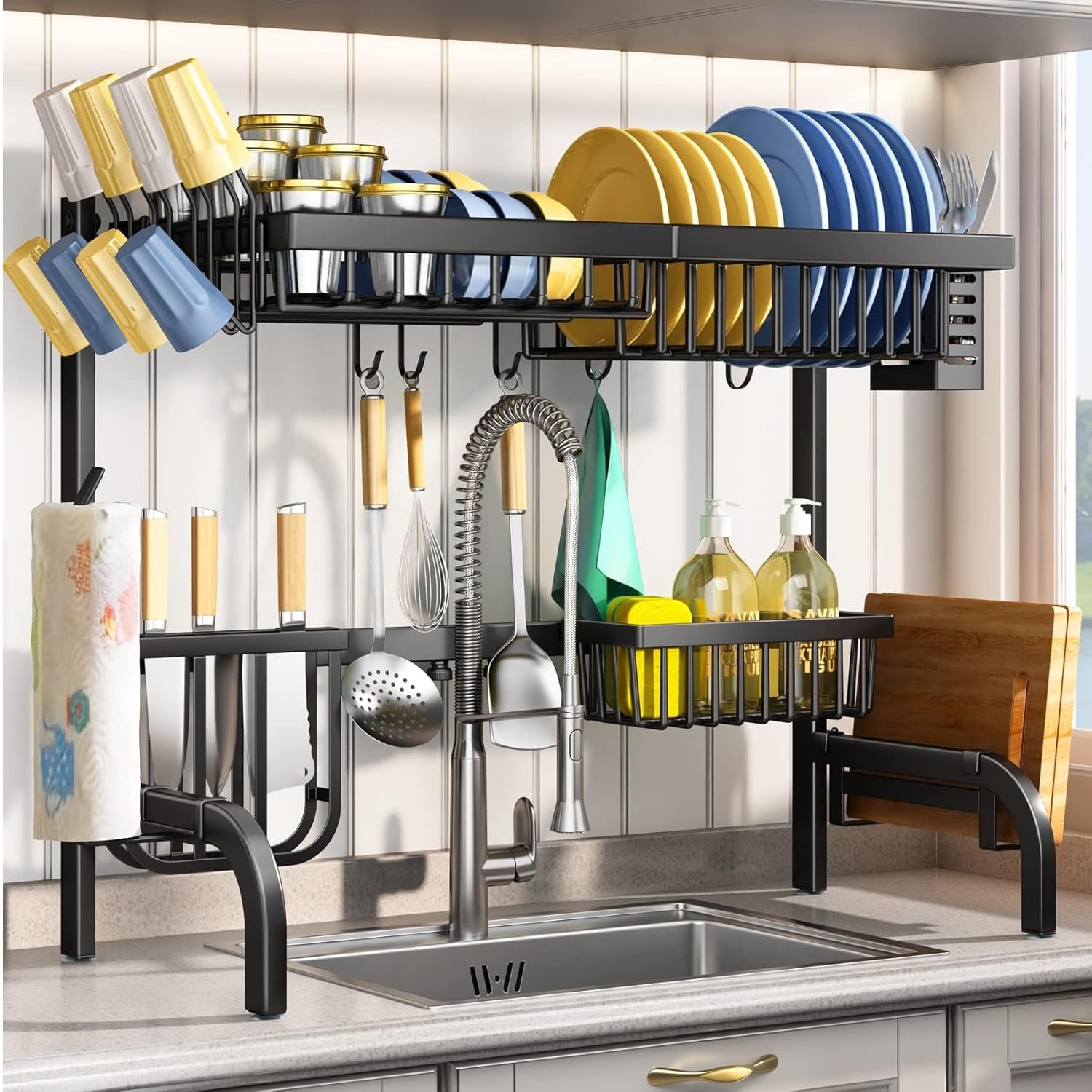 Over The Sink Dish Drying Rack, Adjustable 25.5-33.5 in, 2-Tier, Black | All-in-One Large Capacity, Snap-On Design for Flexible Use, Strong Metal Frame, Non-Slip Feet, Fits Sinks Up to 33″ W