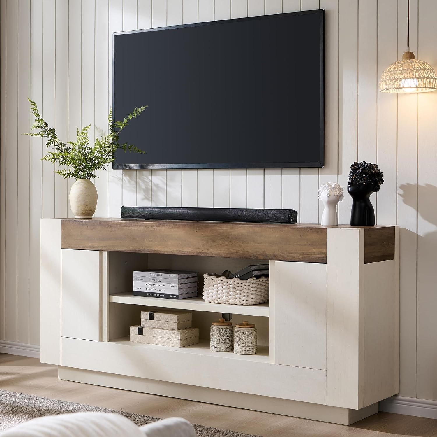 OKD 70″ TV Stand for 80″ TV, Thick Block Media Console, Antique White | Large Open Storage, Side Cabinets, Soft Close Door, Cable Management, Modern Entertainment Center for Living Room