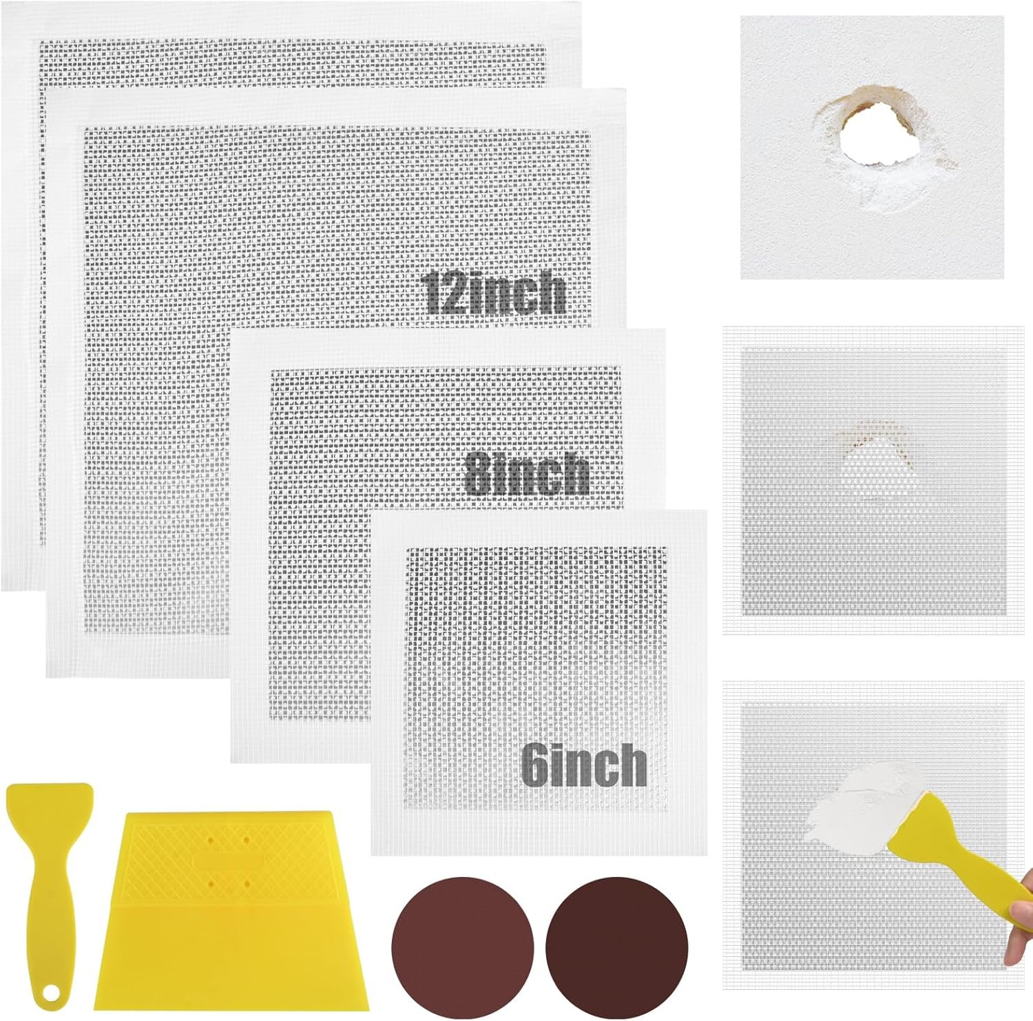 8 Pack Drywall Repair Kit, 6/8/12 Inch Dry Wall Patch Kits for Holes | Scraper & Sandpapers Included, Heavy Duty Self-Adhesive Mesh Drywall Hole Sheetrock Repair Kit for Wall Ceiling