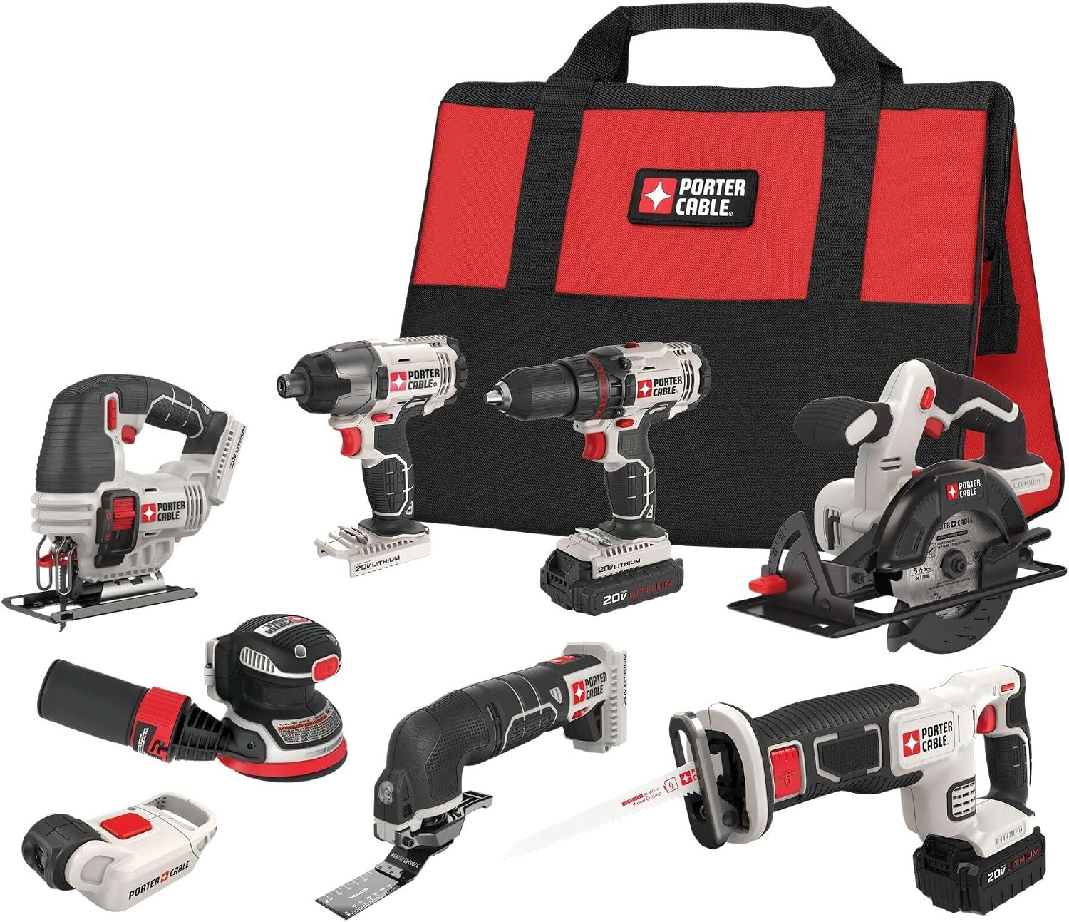 PORTER-CABLE 20V MAX Lithium Ion 8-Tool Set, 2 Batteries & Charger Included (PCCK6118)