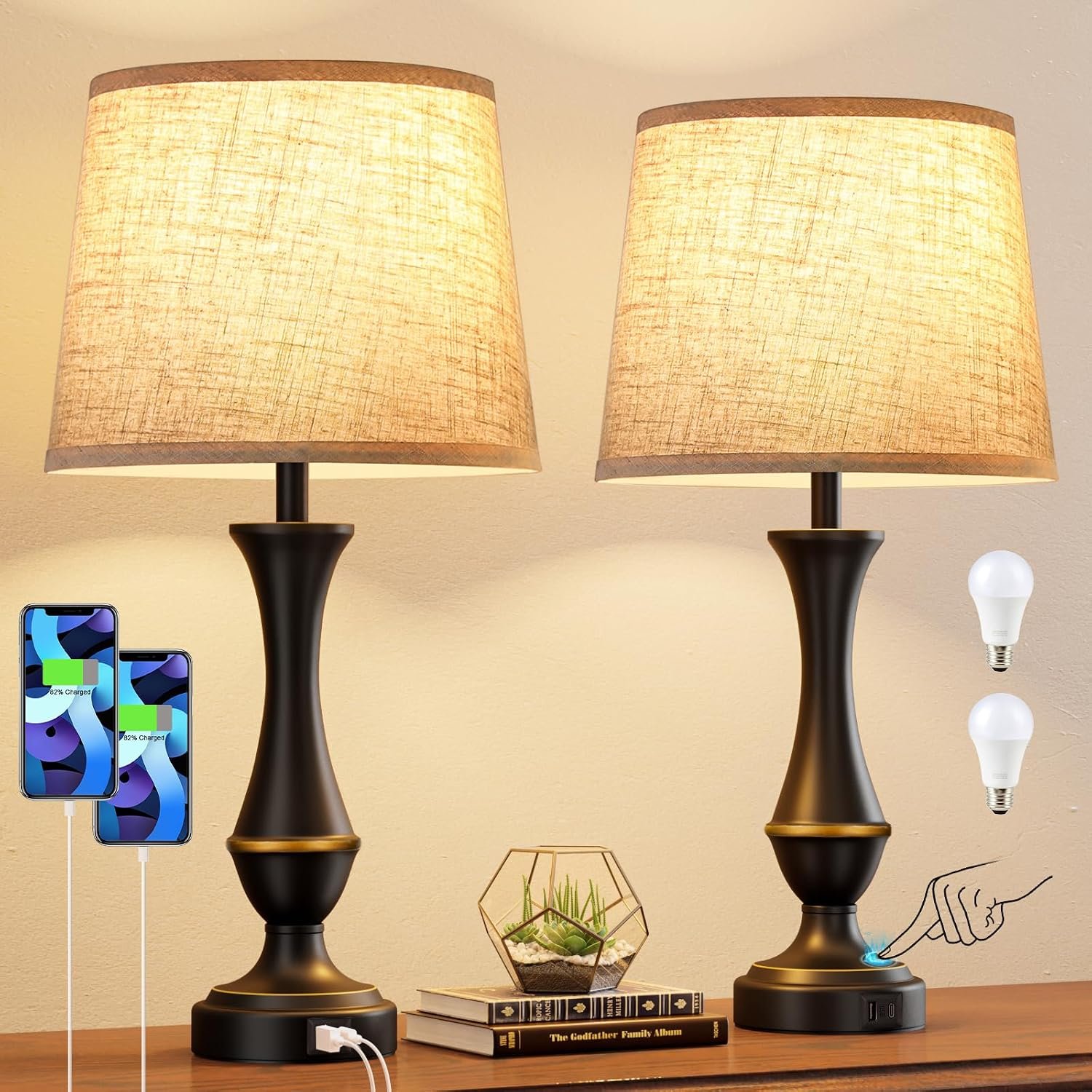 Touch Lamps for Nightstand, 3 Way Dimmable Lamps for Bedroom with USB C+A | Touch Control, USB C+A Charging Ports, Table Lamps for Living Room, Night Stands, Bedside, Bedroom, Bulb Included, Black