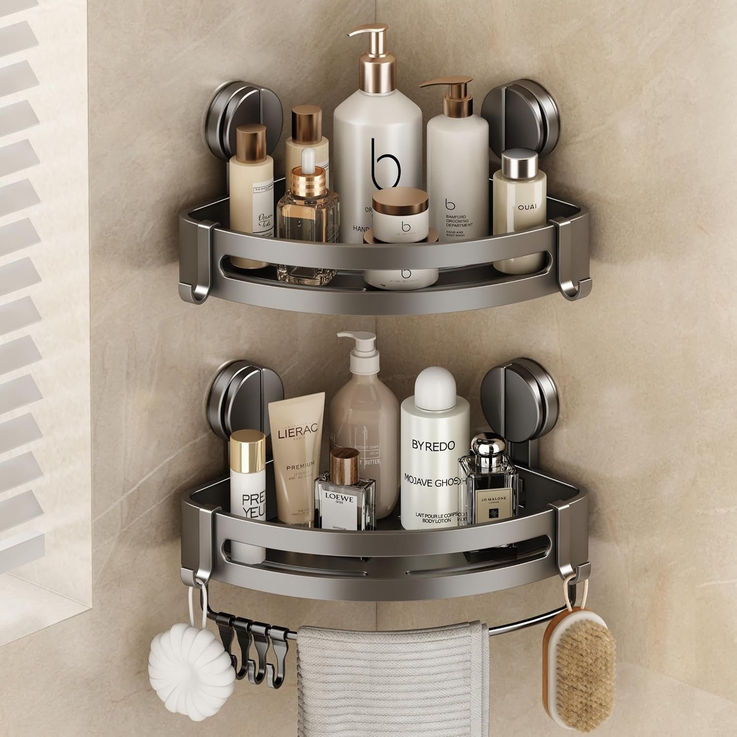 Corner Shower Caddy Suction Cup, 2 Pack Shower Shelves No Drilling, Showers Organizer Storage with Towel Bar & Removable Hooks, Bathroom Shower Shelf Rack for Inside Showers