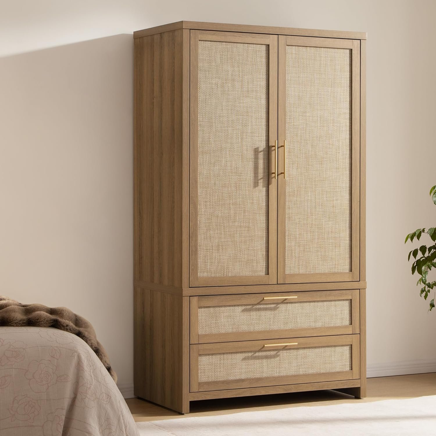SICOTAS Rattan Armoire Wardrobe Closet : 71 inch Wardrobe with Drawers | Farmhouse Boho Storage Cabinet with Hanging Rod, Large-Capacity Deep Armoire Clothes Organizer for Bedroom, Cloak Room