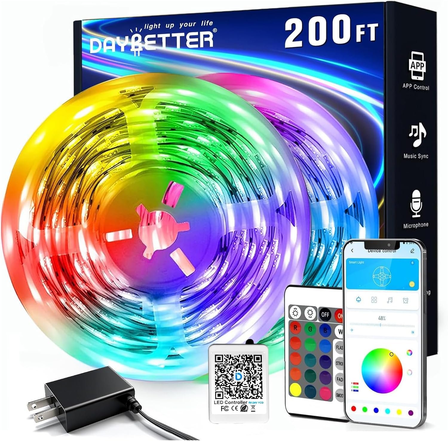 DAYBETTER LED Strip Lights 200 ft (2 Rolls of 100 ft), Smart App Control Lighting Bedroom Rome Decor with Remote, RGB Color Changing LED Lights for Party