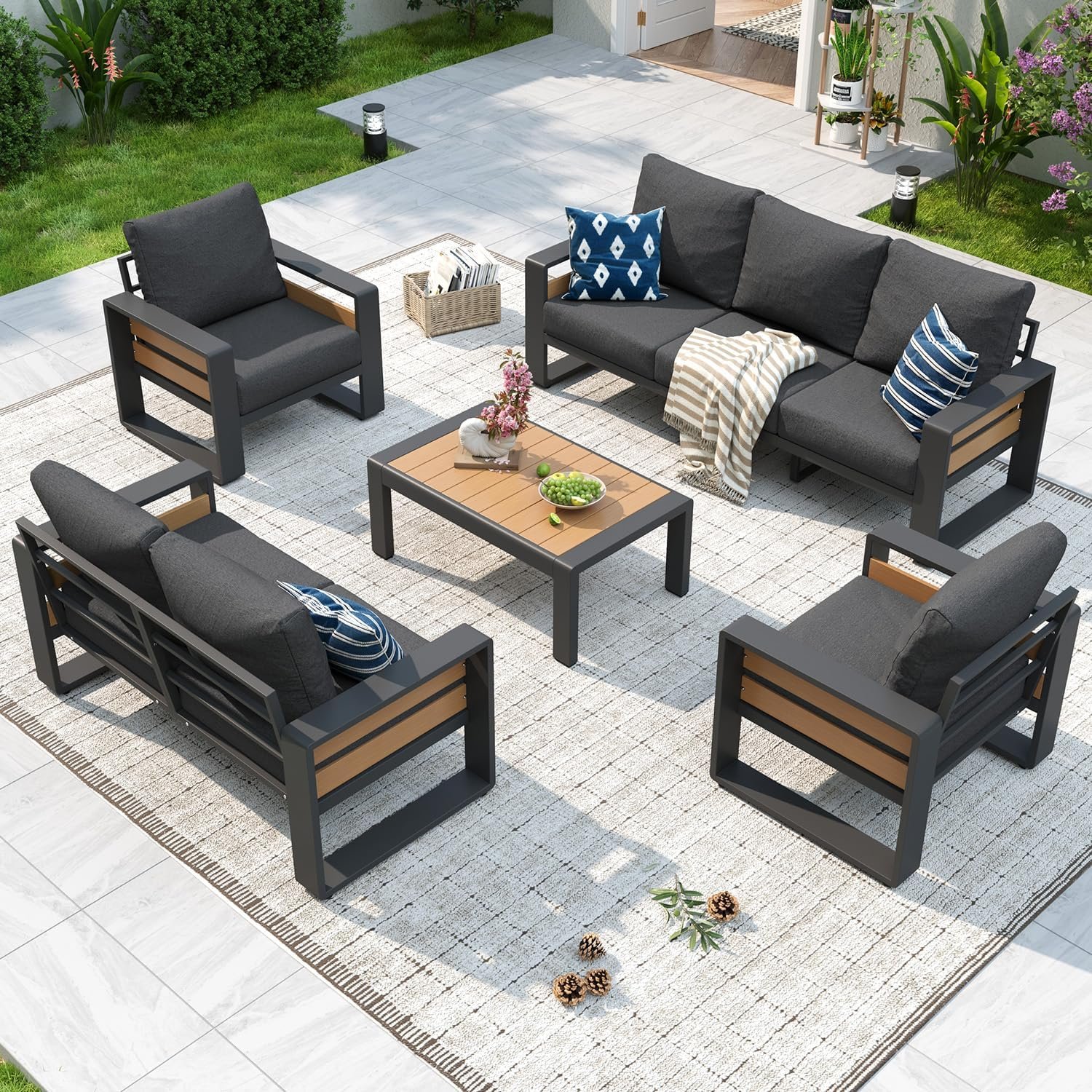 Aoxun Aluminum Patio Furniture Set, 5 Piece Luxury Outdoor Sectional with 6″ Olefin Fabric Cushions, Patio Conversation Sets with Coffee Table and Waterproof Cover for Backyard, Porch Dark Grey