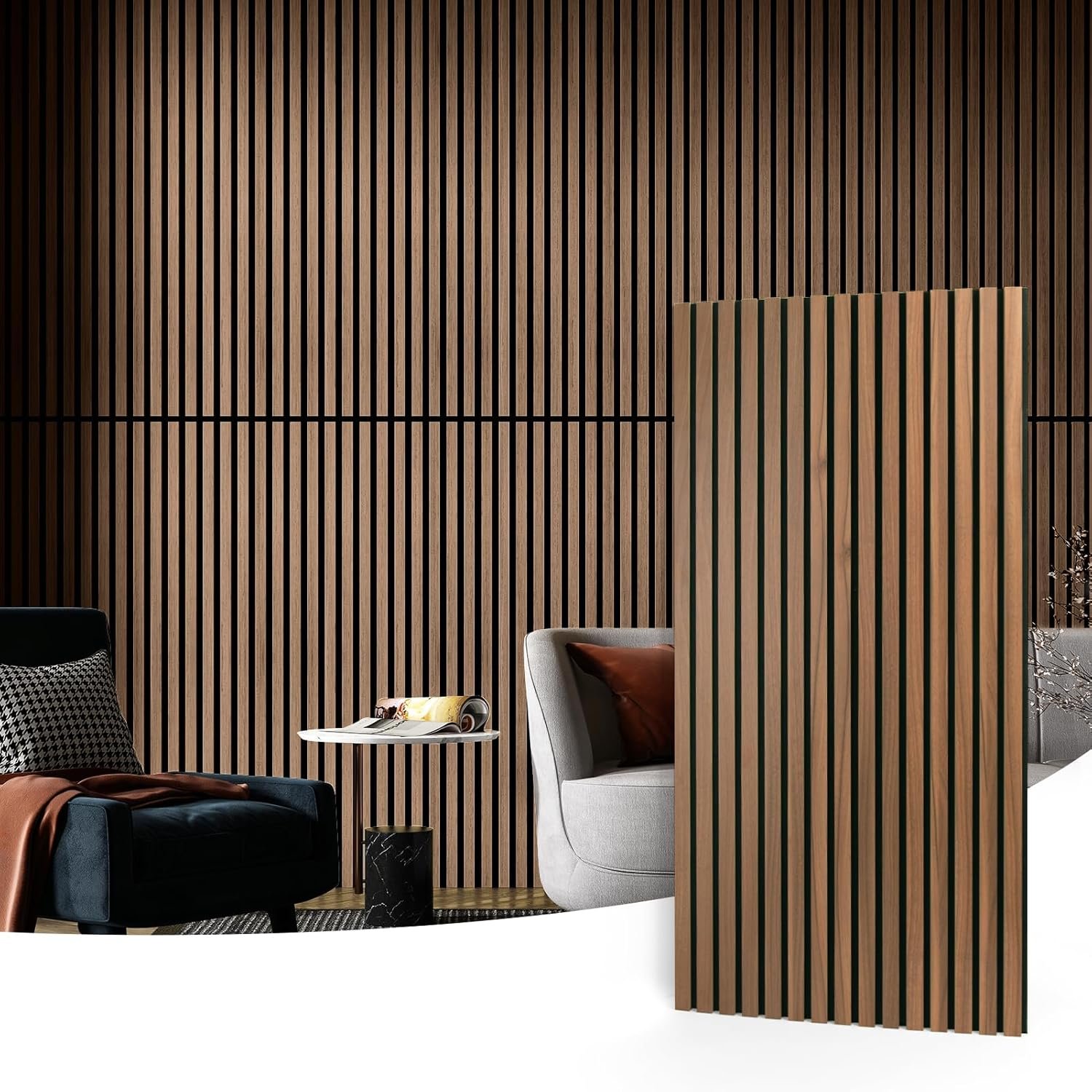 Art3d 2 Wood Slat Acoustic Panels for Wall and Ceiling – 3D Fluted Sound Absorbing Panel with Wood Finish – Walnut | Noise Control, Easy to DIY, Natural Texture, Sustainable Material, Ideal for Homeowners, Designers, for Living Room, Office