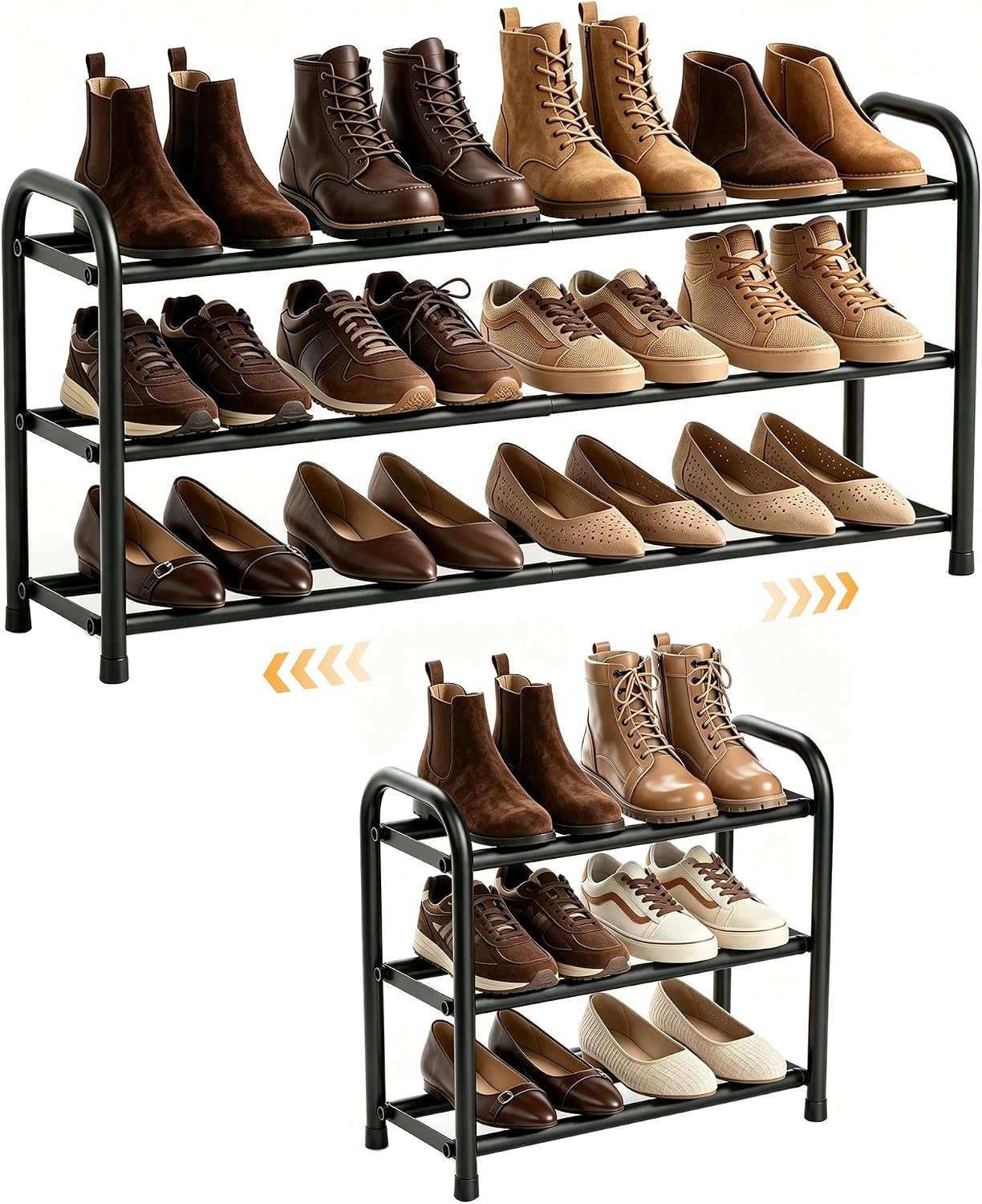 ENJOYBASICS 3 Tier Expandable Shoe Rack, Metal Small Shoes Shelf, Black | Free Standing Shoe Holder for 12 Pairs, Sturdy Shoe Organizer for Closet, Entryway, Under Bed ,Front Door, Bedroom