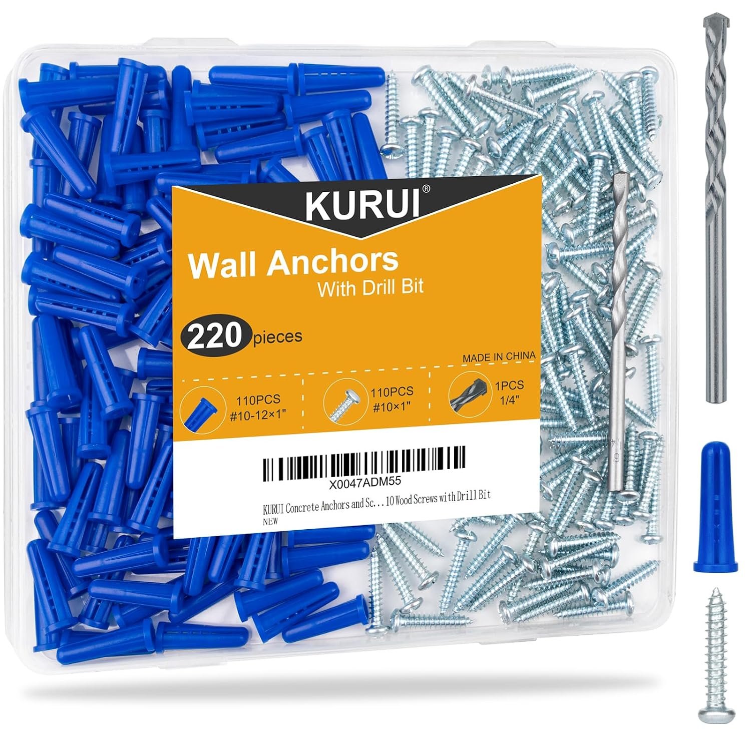 #10-12 Wall Anchors and Screws Kit, 220PCs Drywall Anchors for Drywall Brick Masonry Stucco Concrete, 110 Plastic Concrete Anchors and 110 Wood Screws, Drywall Anchors for Picture, Curtain Rod