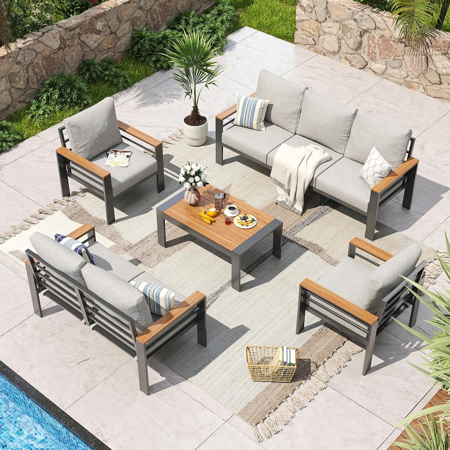 Aoxun Aluminum Patio Furniture Set 7 Seats, Oversized Outdoor Sectional with Washable Thick Cushions, Coffee Table, Patio Conversation Sets for Porch, Balcony, Deck