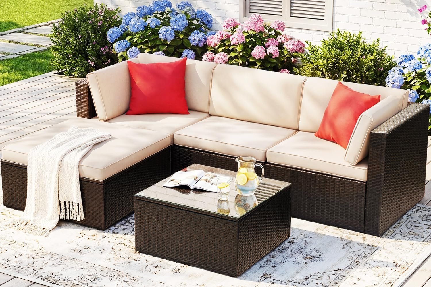 Devoko 5 Pieces Patio Furniture Sets Outdoor Sectional Patio Sofa | All Weather Manual Weaving Wicker Rattan Patio Seating Sofas with Cushion and Glass Table (Beige)