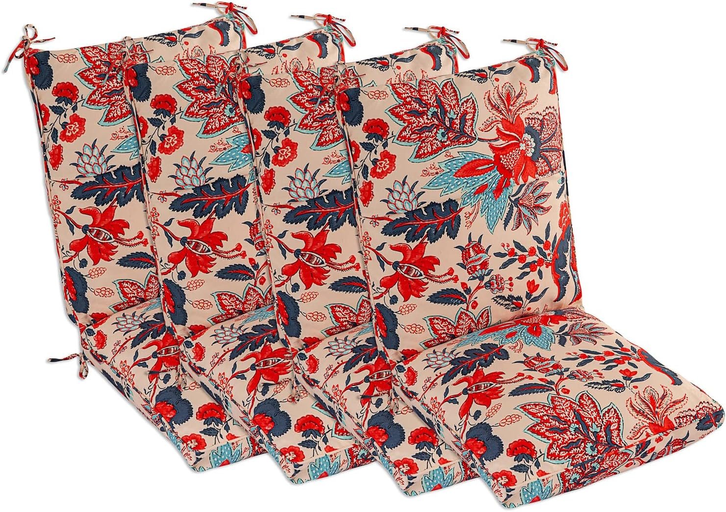 Set of 4 Outdoor Dining Chair Cushions, Comfort Patio Seating Cushions, 44 x21x4.5 inch, Single Welt and Zipper (Blue and Red Leaves)