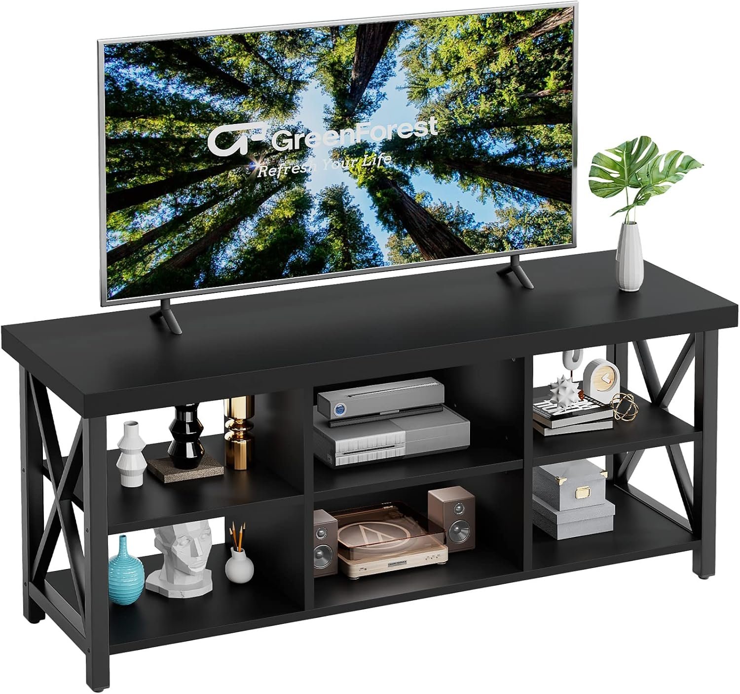 GreenForest TV Stand for 65 in TV, 55″ Entertainment Center for Living Room | X-Shape Frame Holds 200 lbs, 6 Storage Cabinets, Farmhouse Industrial Style Table, Cable Management, Easy Assembly, Black