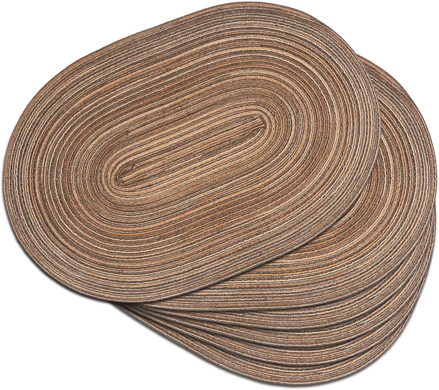 Placemats Set of 6, Woven Oval Braided Dining Table Mats(Brown) | 12 x 17.5 Inch Size Fits Plates and Flatware; Hand Washable and Heat Resistant for Kitchen Use, with Farmhouse and Boho Style