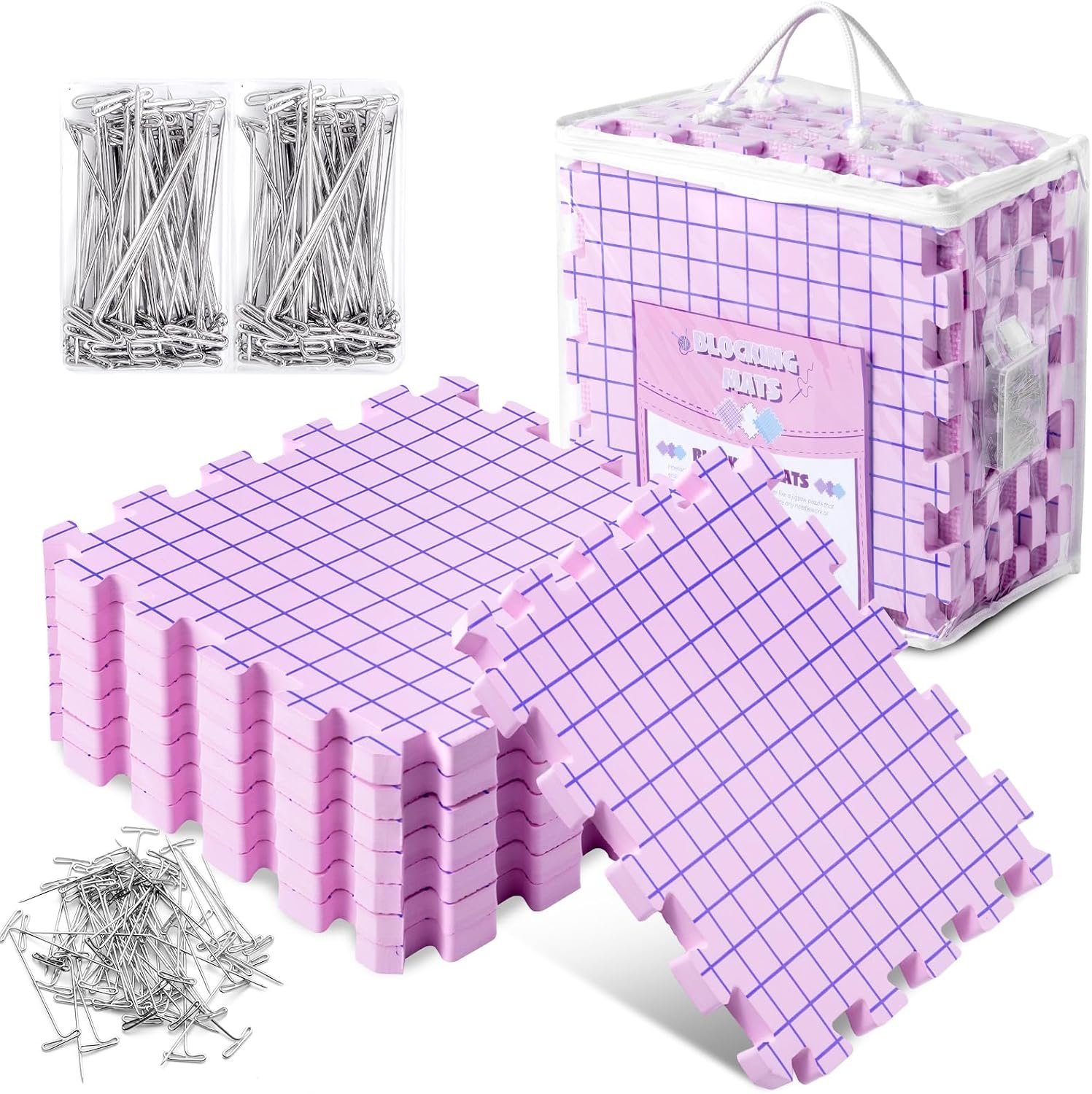 Opstin Knitting Blocking Mats and Pins, Interlocking Blocking Boards for Crochet Projects 0.75” Extra Thick Blocking Mats with 150 T-Pins and Storage Bag