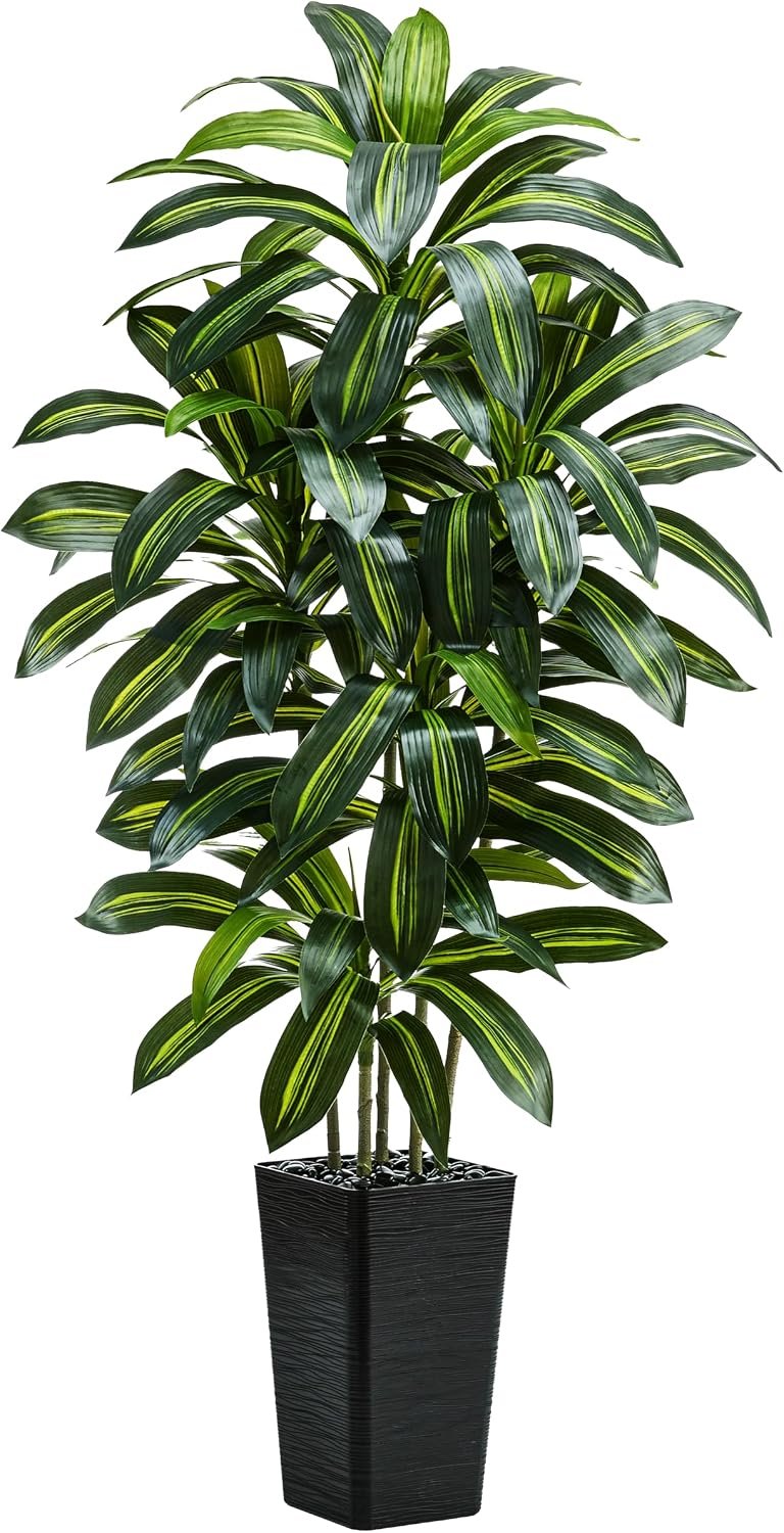 Artificial Dracaena Tree: 6FT Fake Plants Silk Faux Trees（Black Pot） | Realistic Fake Floor Plant with Natural Wood Trunk & Lifelike Leaves in Tall Planter for Home Office Decor Indoor & Outdoor