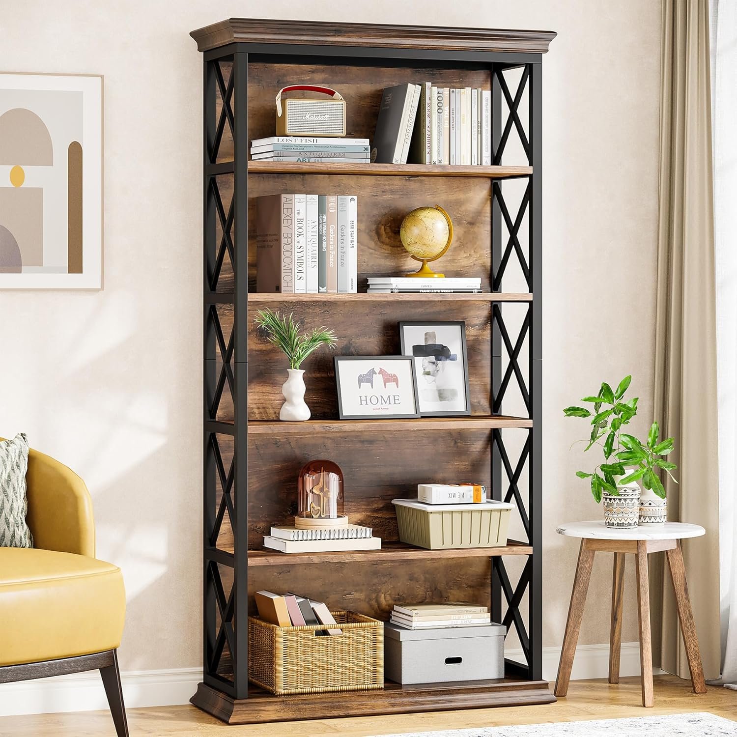 Tribesigns 6-Tier Bookcase, 71 Inches Industrial Bookshelves and Bookcase | Freestanding 5 Shelf Storage Shelves, Wood and Metal, Tall Bookcase for Home Office, Living Room, Bed Room, Brown and Black
