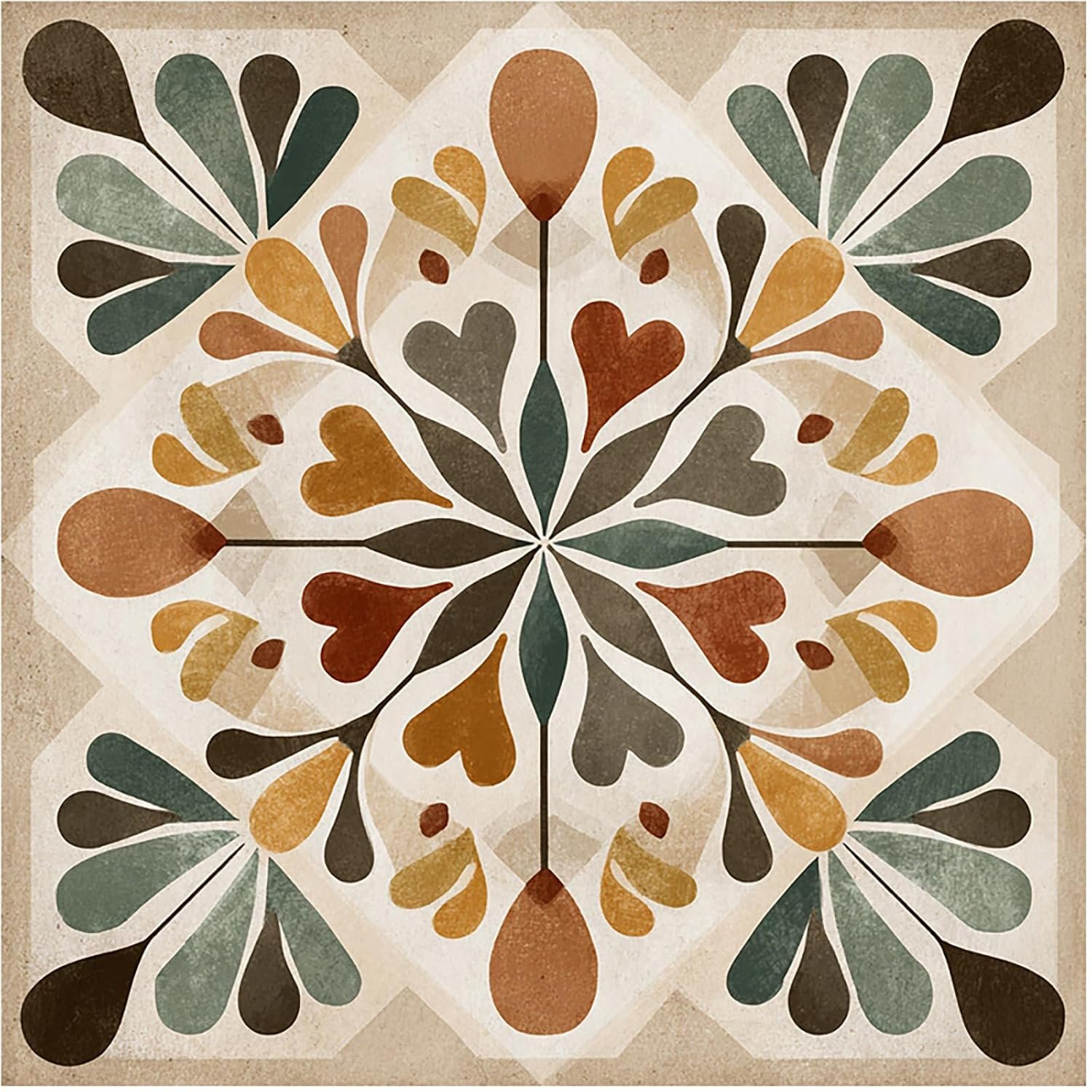 Nuxovilar Peel and Stick Floor Tile,Peel and Stick Vinyl Floor Tiles | 12×12 Inch Retro Geometric Floral Pattern, Self-Adhesive Flooring (10 Pcs)