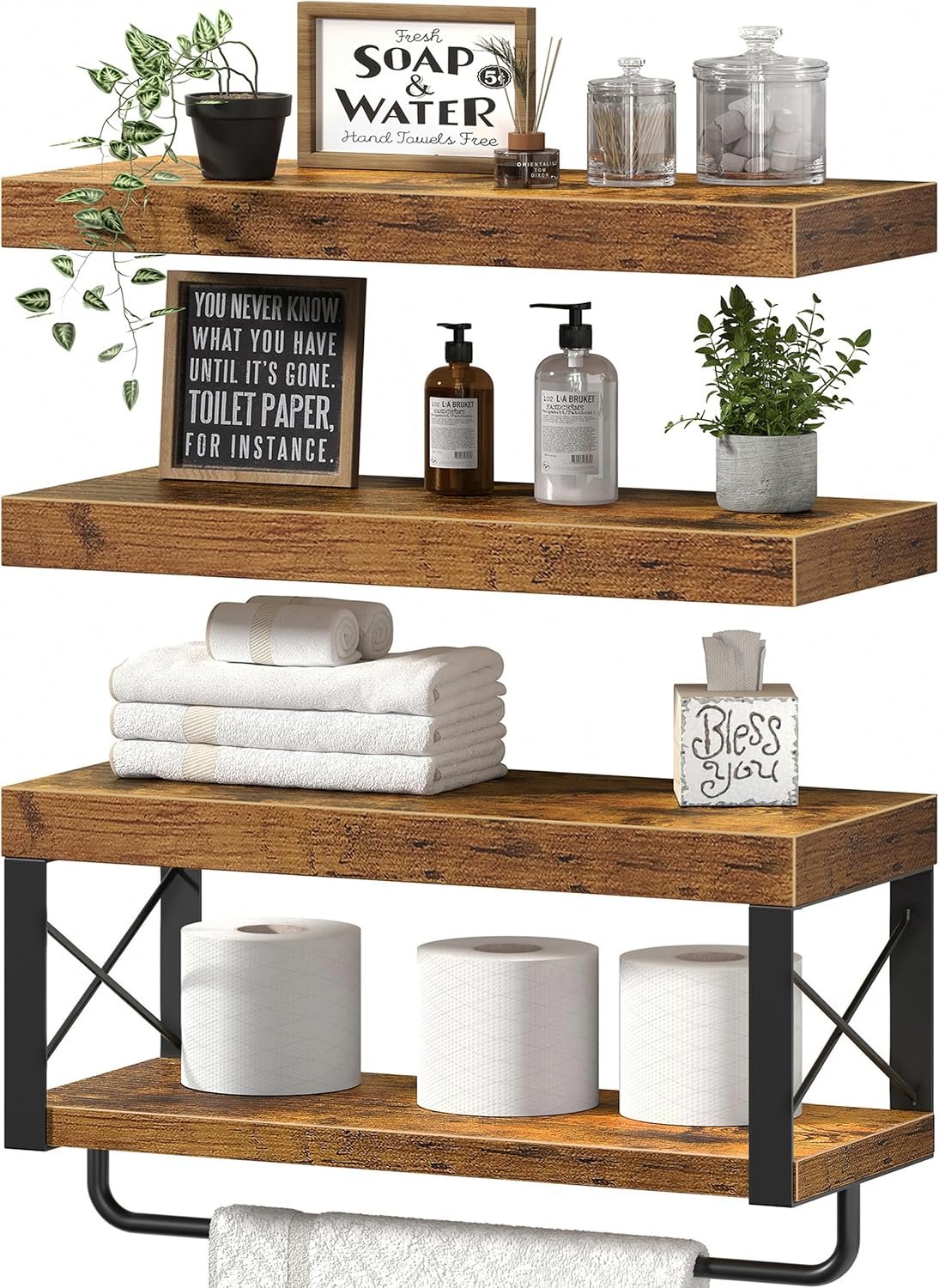QEEIG Bathroom Shelves Over Toilet – Floating Shelf for Wall Toilet Paper Storage Farmhouse 16 inch Set of 3, Rustic Brown (029-40BN3)