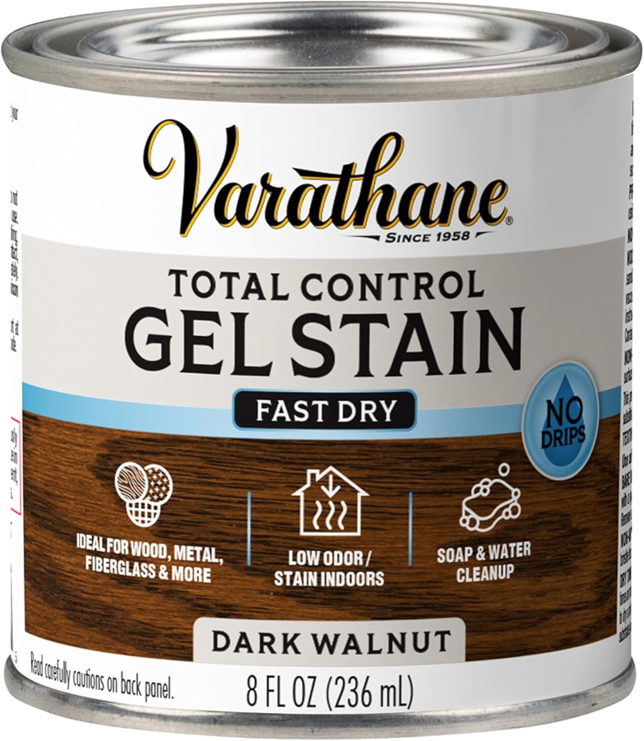 Varathane Total Control Dark Walnut Gel Stain | Thick Gel For Vertical Surface Application, Wood Metal And Fiberglass, Low Odor Water-Based Formula, Half Pint
