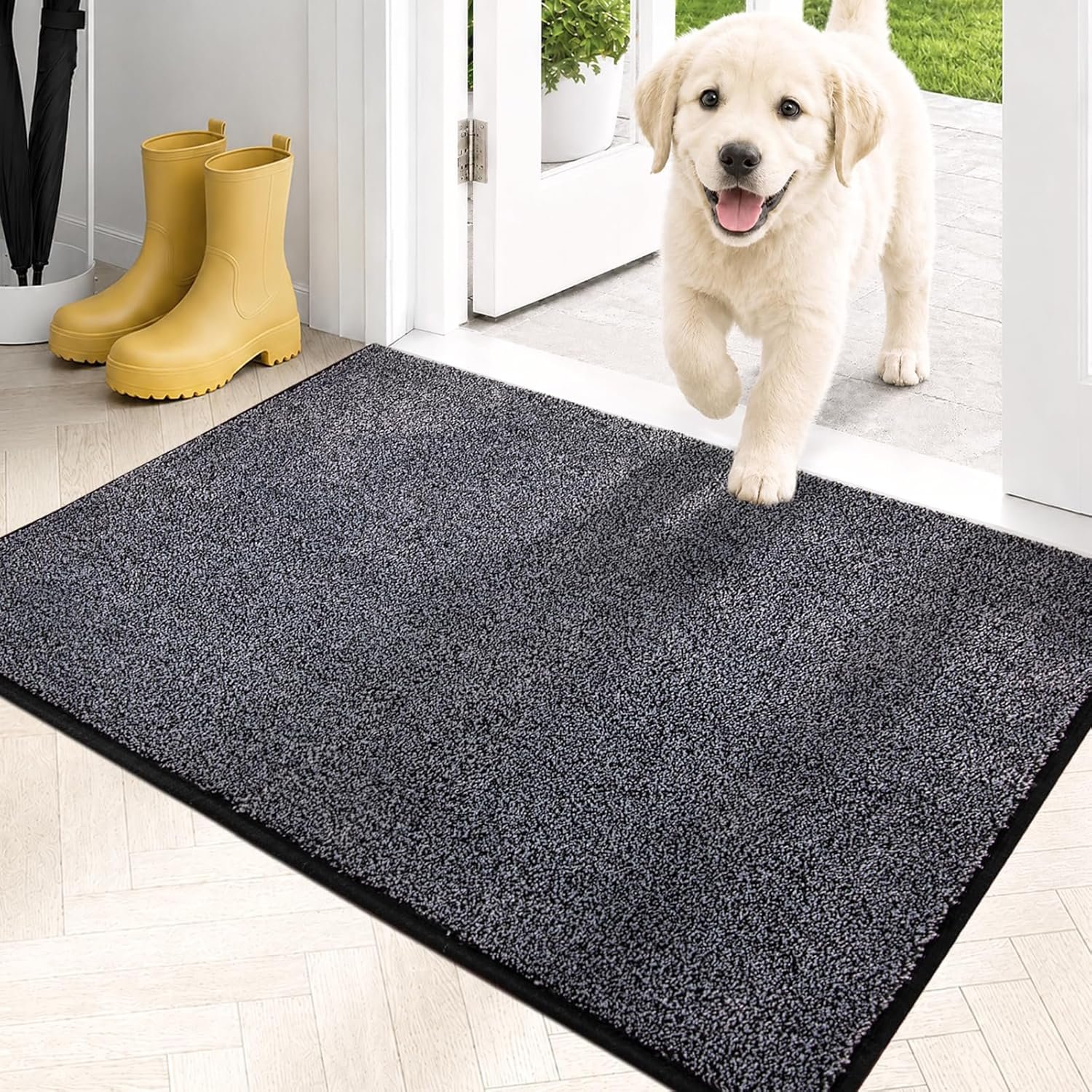 PURRUGS Dirt Trapping Indoor Door Mat, 20″ x 31.5″, Bluish Grey-Black | Machine Washable, Non-Slip, Waterproof TPR Backing, Super Absorbent, Low Profile, Entryway Rug for Muddy Paws and Shoes