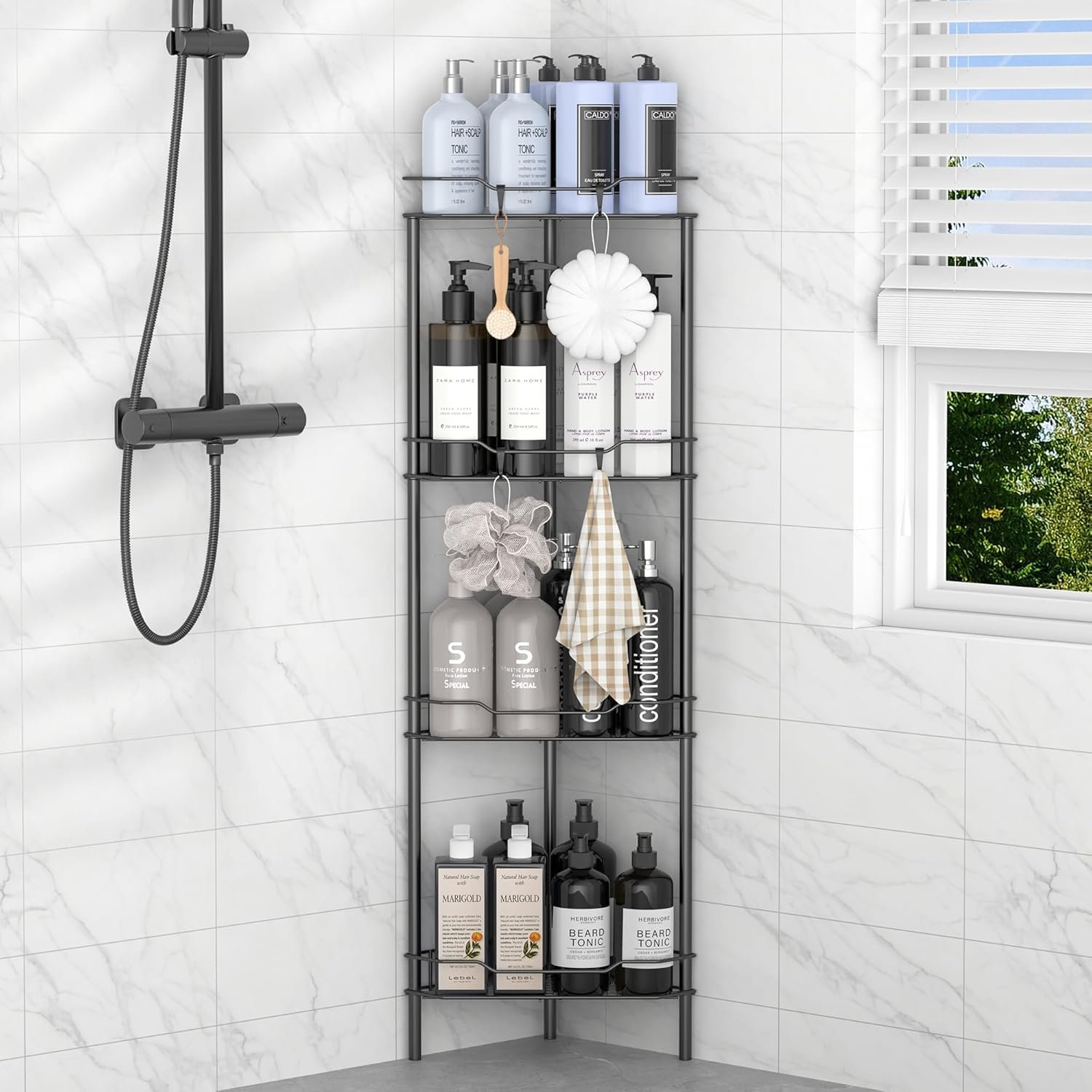 4 Tier Floor Standing Corner Shower Caddy Organizer Shelf with Hooks, Bathroom Shelves Stand Rack, Black | Adhesive Bathroom Organizer Shelves, Free Standing Shower Rack with Hooks, Hold Large Shampoo Bottles