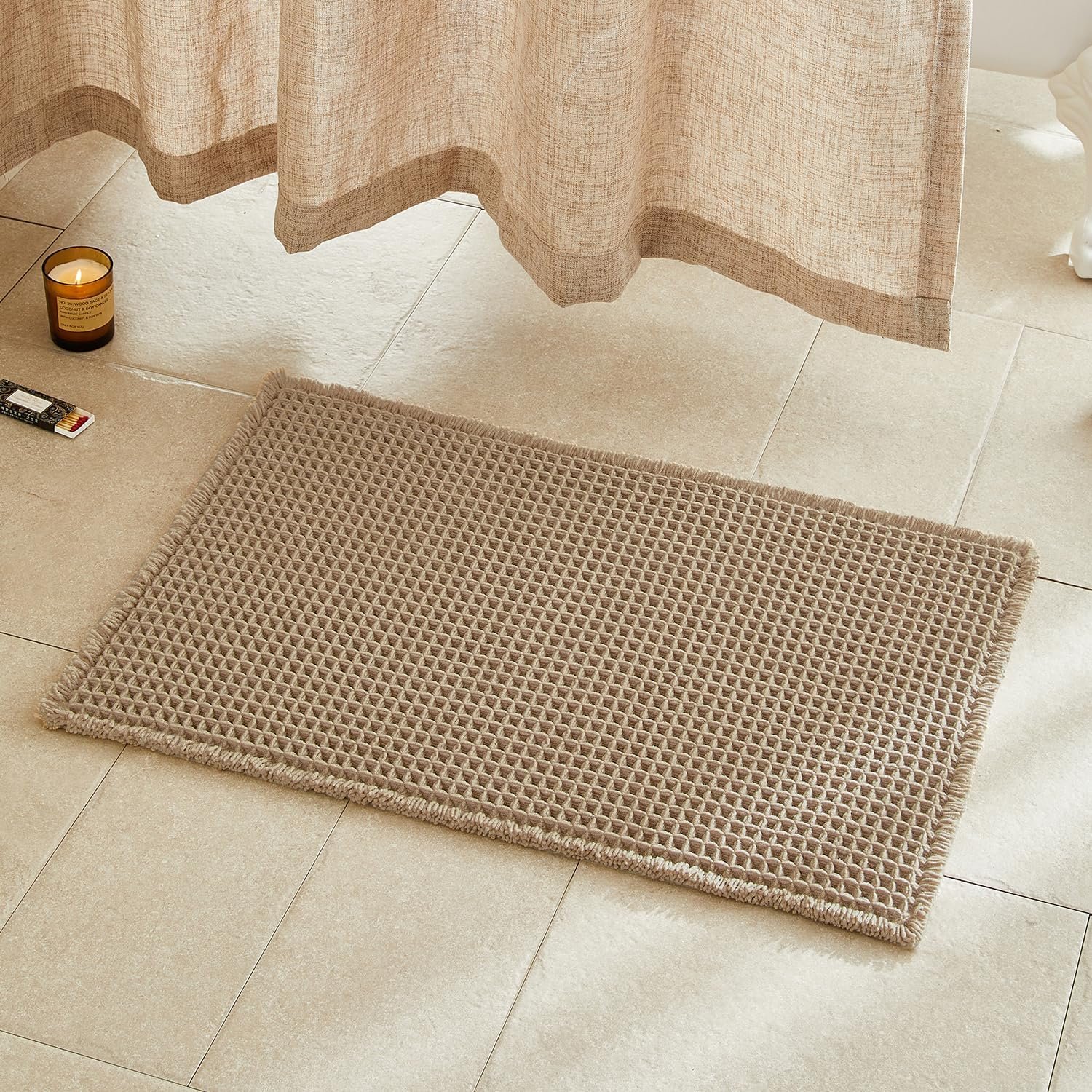 TYUU Waffle Bath Mat, Boho Bathroom Rugs Non Slip Washable Super Absorbent Quick Dry Farmhouse Bathroom Decor, 30″x20″ Khaki