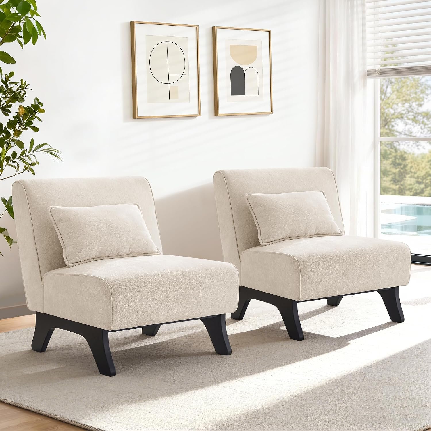 Armless Accent Chairs Set of 2 Upholstered Living Room Side Chairs | Comfy Small Accent Lounge Chair with Pillow Accent Chair for Living Room Bedroom Farmhouse Reading Beige 2PCS