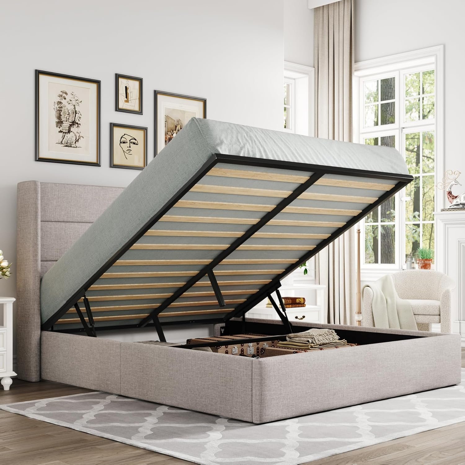 Allewie Queen Size Lift Up Hydraulic Storage Bed Frame Light Beige | Modern Wingback Headboard, Hydraulic Support Storage, No Box Spring Needed