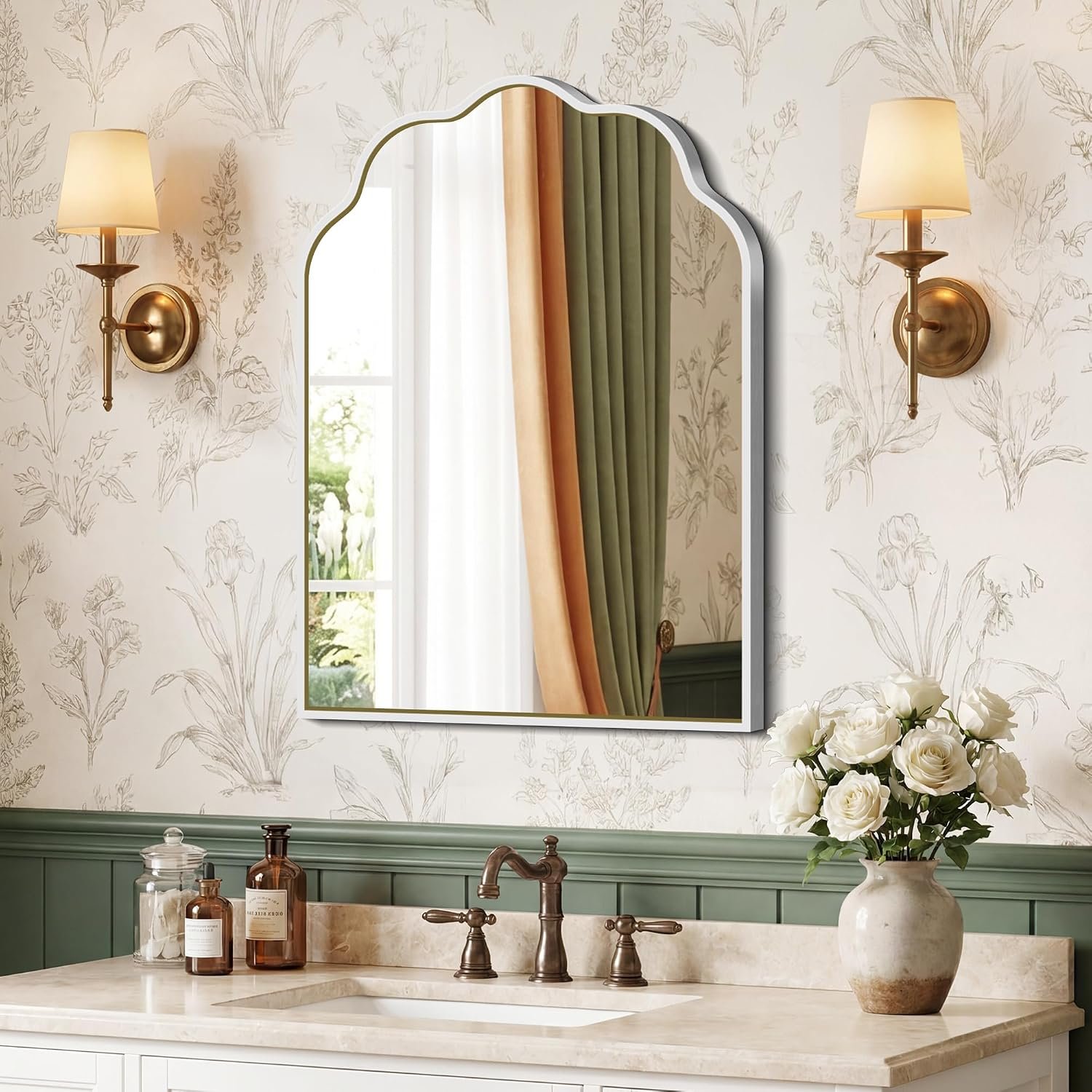 Scalloped Arched Mirror, 18×24Inch Silver Mirror for Bathroom, Wavy Wall Mounted Vanity Mirror with Aluminum Alloy Frame for Livingroom Bedroom and Entryway, Tempered Glass