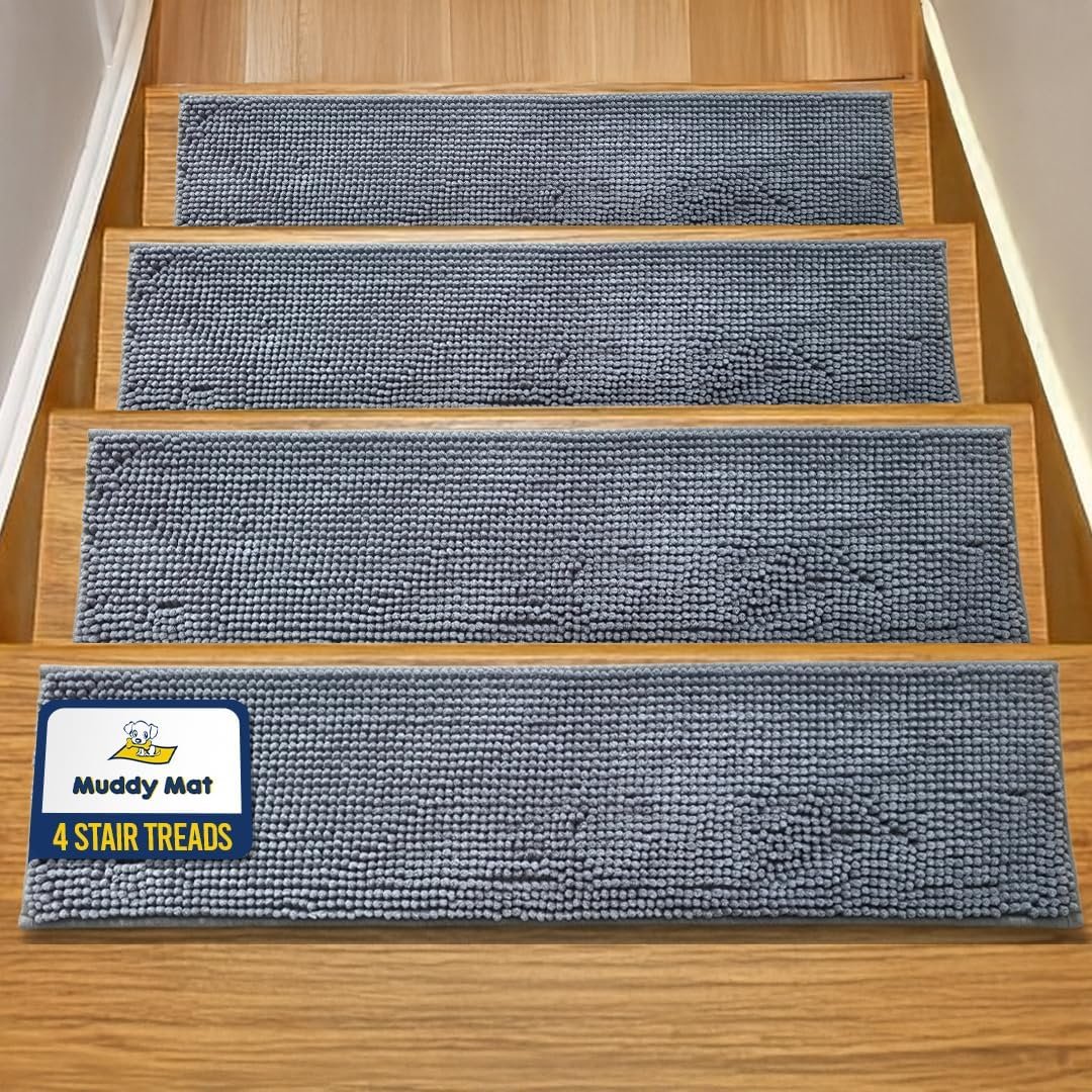 Muddy Mat® Pack of 4 – Soft Chenille Stair Treads Non-Slip Reusable, Super Absorbent Stair Treads for Wooden Steps, Tile & Marble Floor, Easy to Install & Machine Washable – Grey 30” x 7”