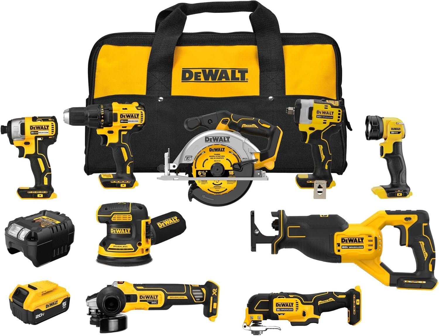 DEWALT 20V MAX 5Ah, Brushless 9 Power Tools with Battery, Charger, Drill, Impact Driver, Reciprocating Saw, Circular Saw, Oscillating Tool, Grinder, Orbit Sander, Impact Wrench, Flashlight (DCK921P1)