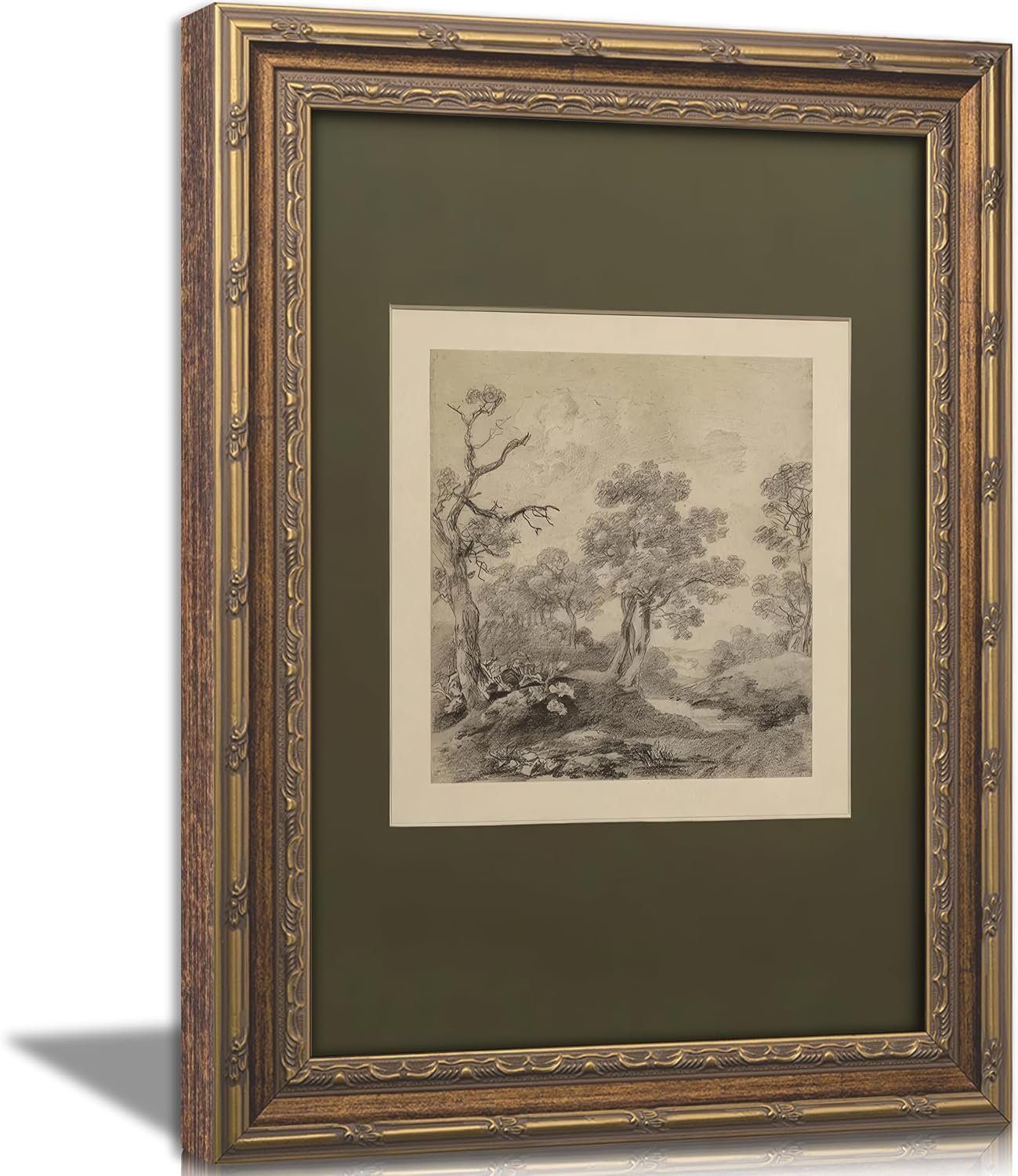 Vintage Gold Framed Wall Art Tree Forest Landscape Painting Canvas Prints Green Gray Tree Natural Sketch Picture Rustic Farmhouse Poster Artwork for Living Room Bedroom Bathroom, 9x11in