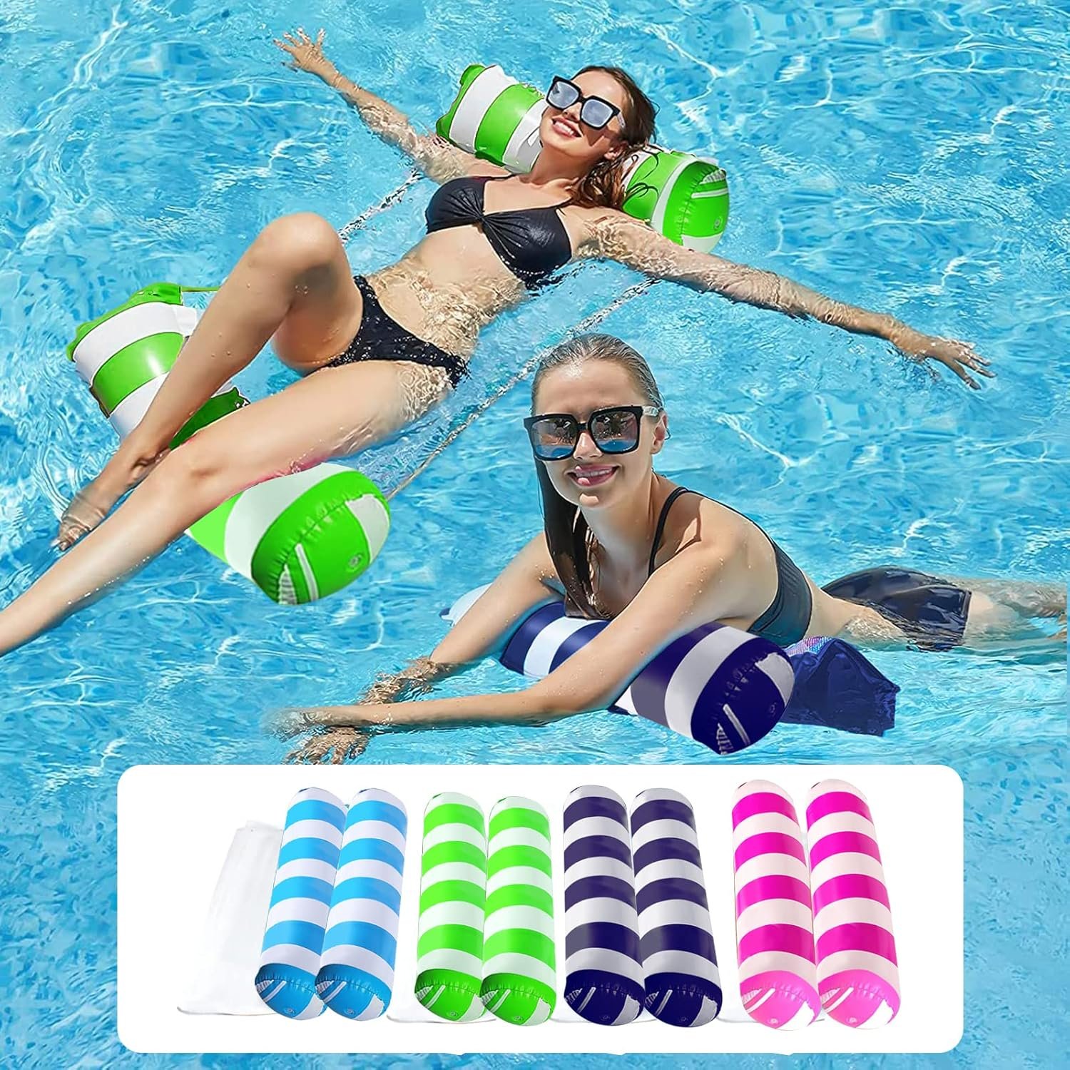 4 Pack Upgrated XL Water Pool Floats, 4-in-1 (Hammock, Saddle, Lounge Chair, Drifter) Multi-Purpose Water Pool Float, Non-Stick PVC Material.