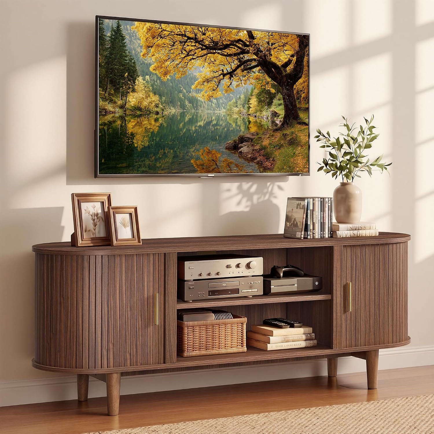 VASAGLE 58 Inch TV Stand, Mid Century Entertainment Center with Storage | Media Console Table for Living Room, TV table with Fluted Sliding Doors for 65” TV, Walnut, MIRIANA Collection ULTV633K101
