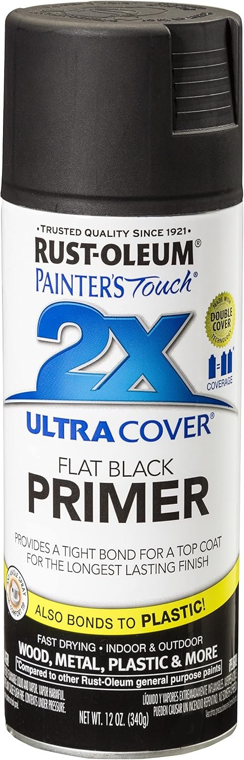 Rust-Oleum Painter’s Touch 2X Ultra Cover Spray Primer Flat Black | Indoor and Outdoor Surfaces (Metal, Wood, Plastic), Fast Dry, Durable, Sprays from Any Angle, Comfort Tip, Oil Based