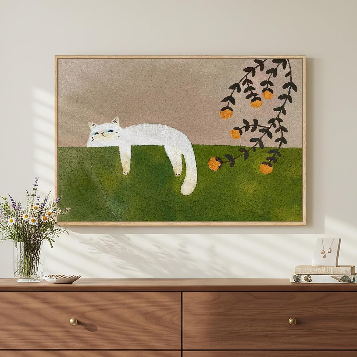 Large Framed Cozy Cat Neutral Green Canvas Wall Art Bedroom, 24×36 Inch | Cozy white cat, Neutral green, Canvas print, Framed artwork, Modern picture, Japandi painting, Bedroom hallway wall art decor