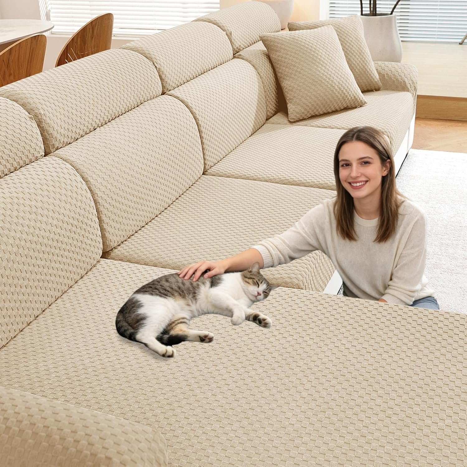 YEMYHOM Couch Cushion Covers for Sofa, Stretch Sectional Back Cushion Covers Washable Thick Furniture Protector Sofa Slipcovers for Pets (1PC Back Couch Cover, Beige)
