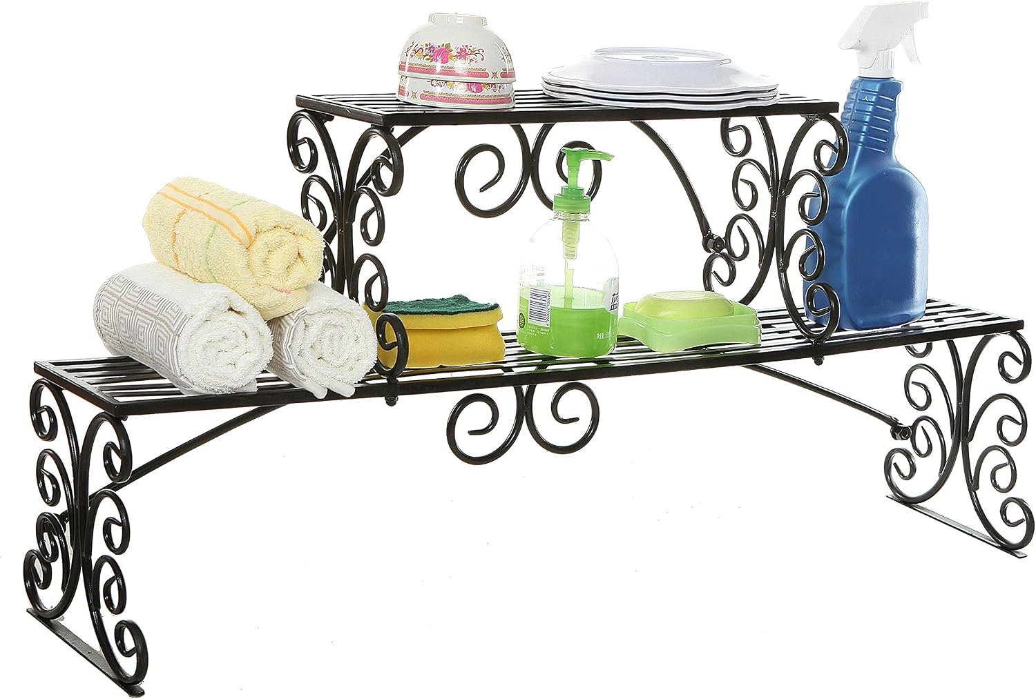 MyGift Black Metal Over Sink Shelf with Scrollwork Design, 2 Tier Rack | Two-tier shelf maximizes counter space while organizing kitchen essentials, décor, and accessories with elegant scrollwork