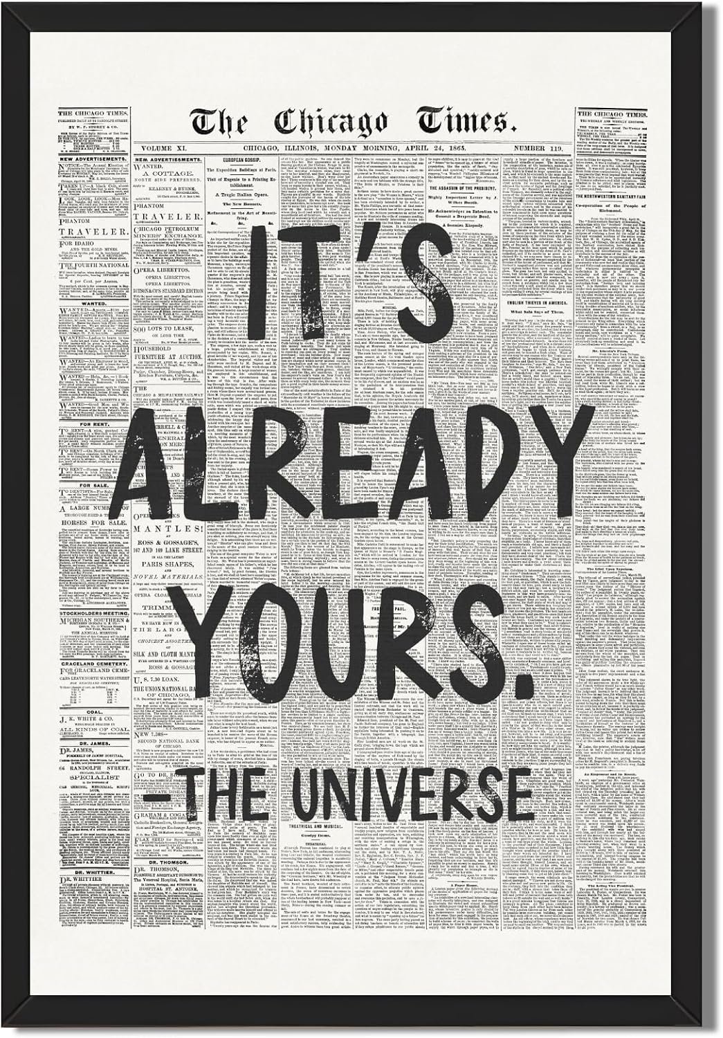 Framed Black And White Retro Newspaper Wall Art Motivational Office Decor | ItS Already Yours Universe Quote Poster Trendy Positive Inspirational Canvas Print for Bedroom Apartment Dorm 8x12inch
