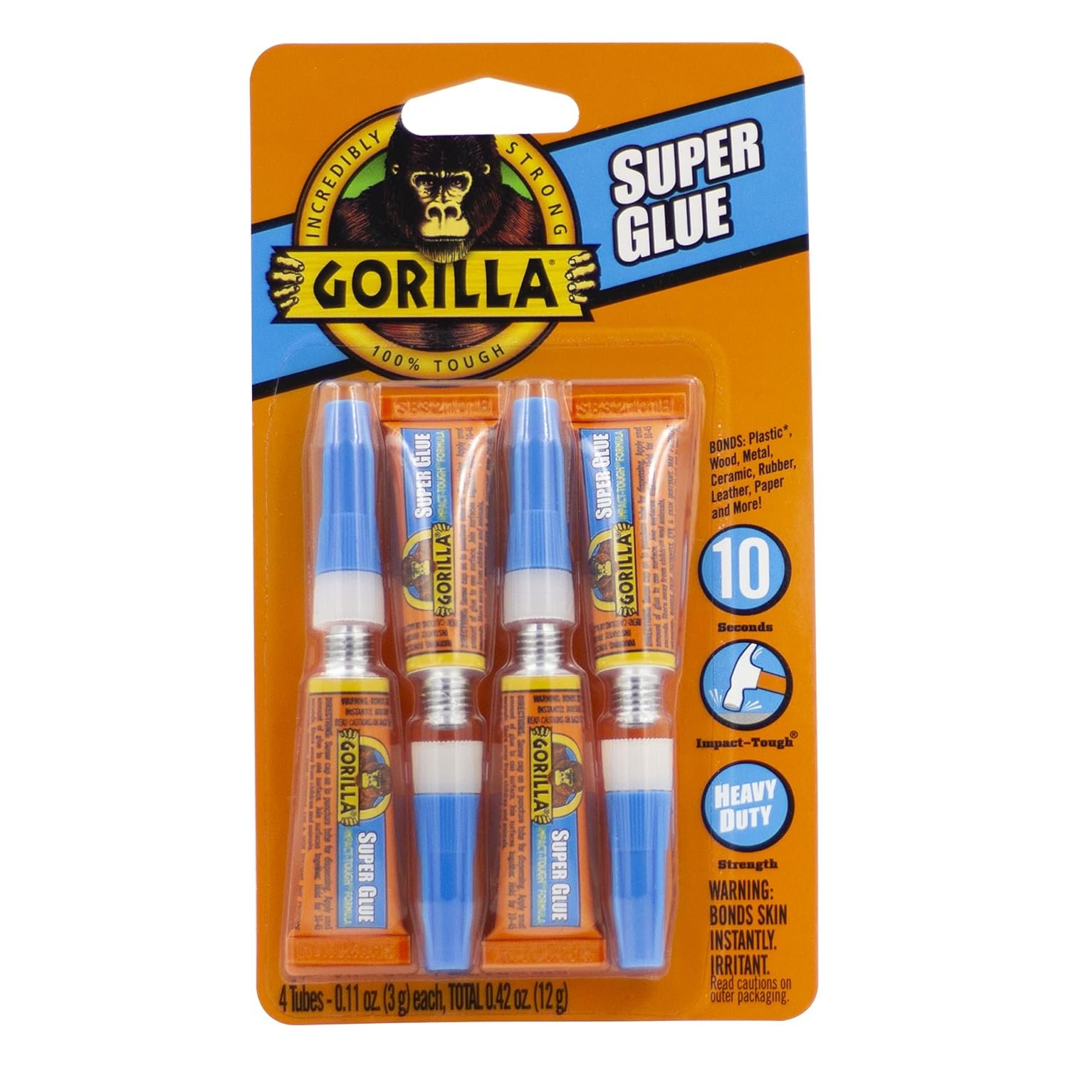 Gorilla Super Glue, Fast‑Setting, Impact‑Tough All‑Purpose Adhesive with Anti-Clog Cap, 4-3 g Tubes, (Pack of 1) – Clear