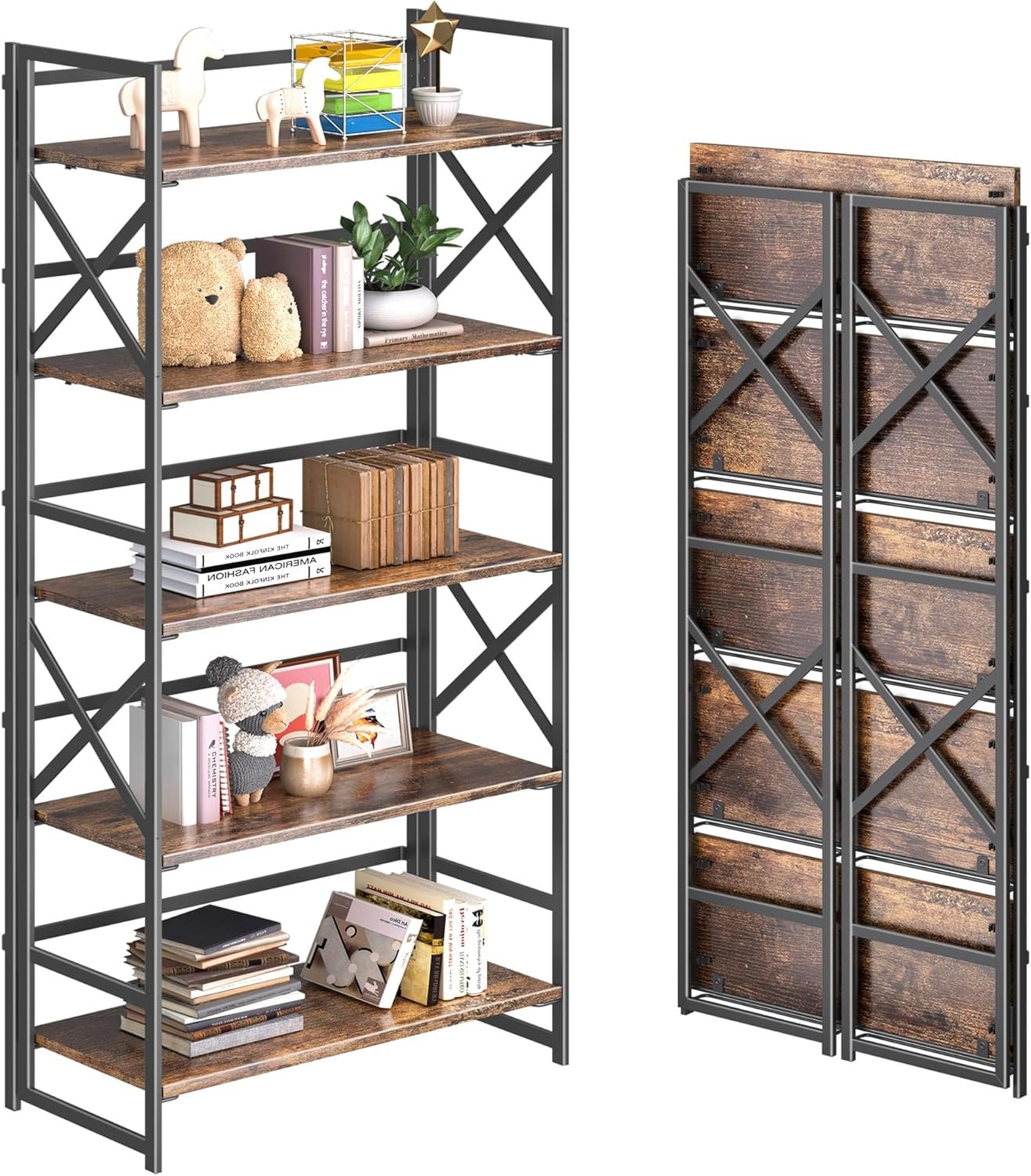 4NM 5 Tiers No Assembly Book Shelves, 51.2″ H Folding Bookshelf Bookcase Open Industrial Foldable Shelves for Bedroom, Living Room, Home Office – Rustic Brown Black