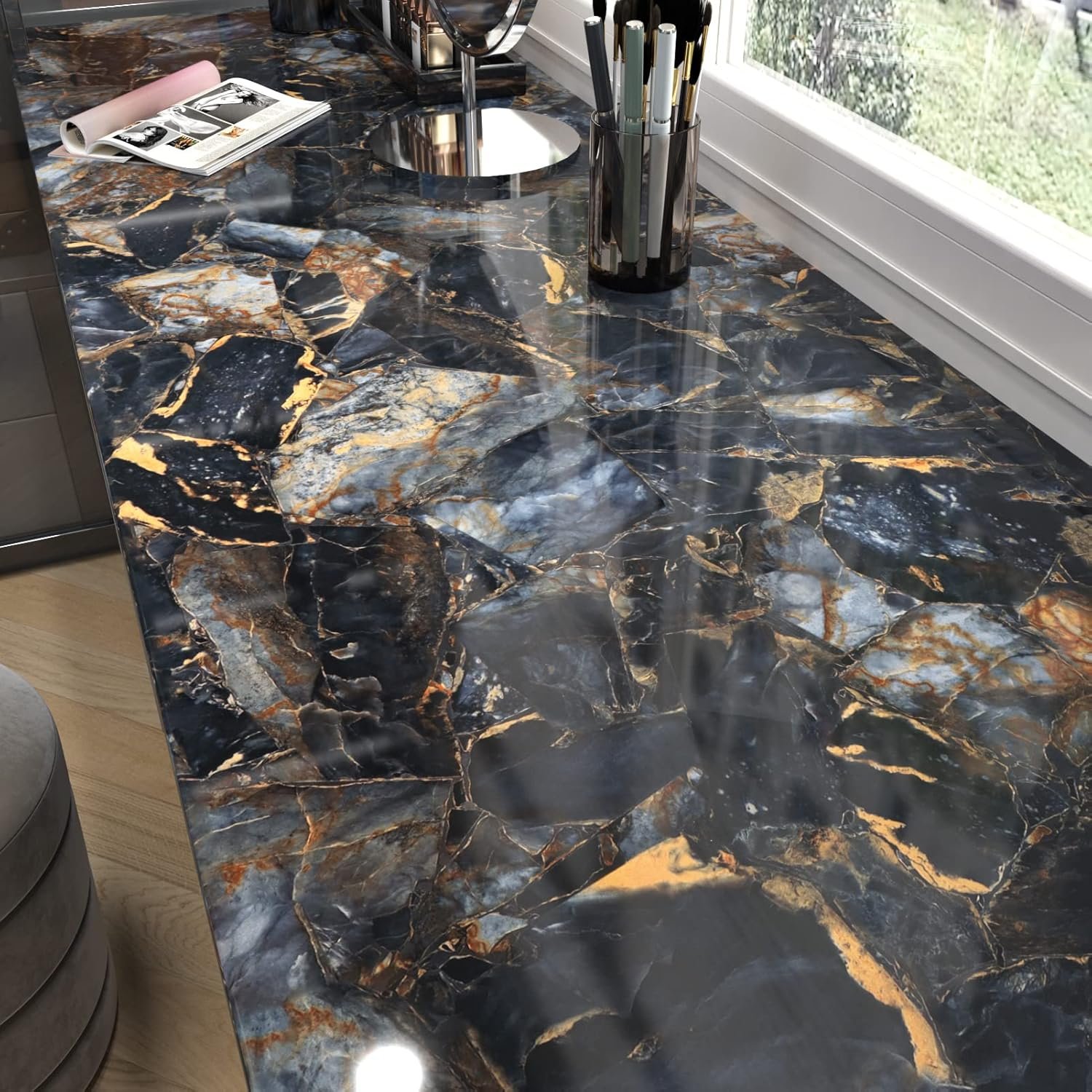 Marble Black Contact Paper Peel and Stick Countertops Gold Contact Paper Peel and Stick Wallpaper for Kitchen Cabinet Waterproof Vinyl Film Marble Shelf Liner Counter Top Cover Wallpapers 15.8×78.7 IN